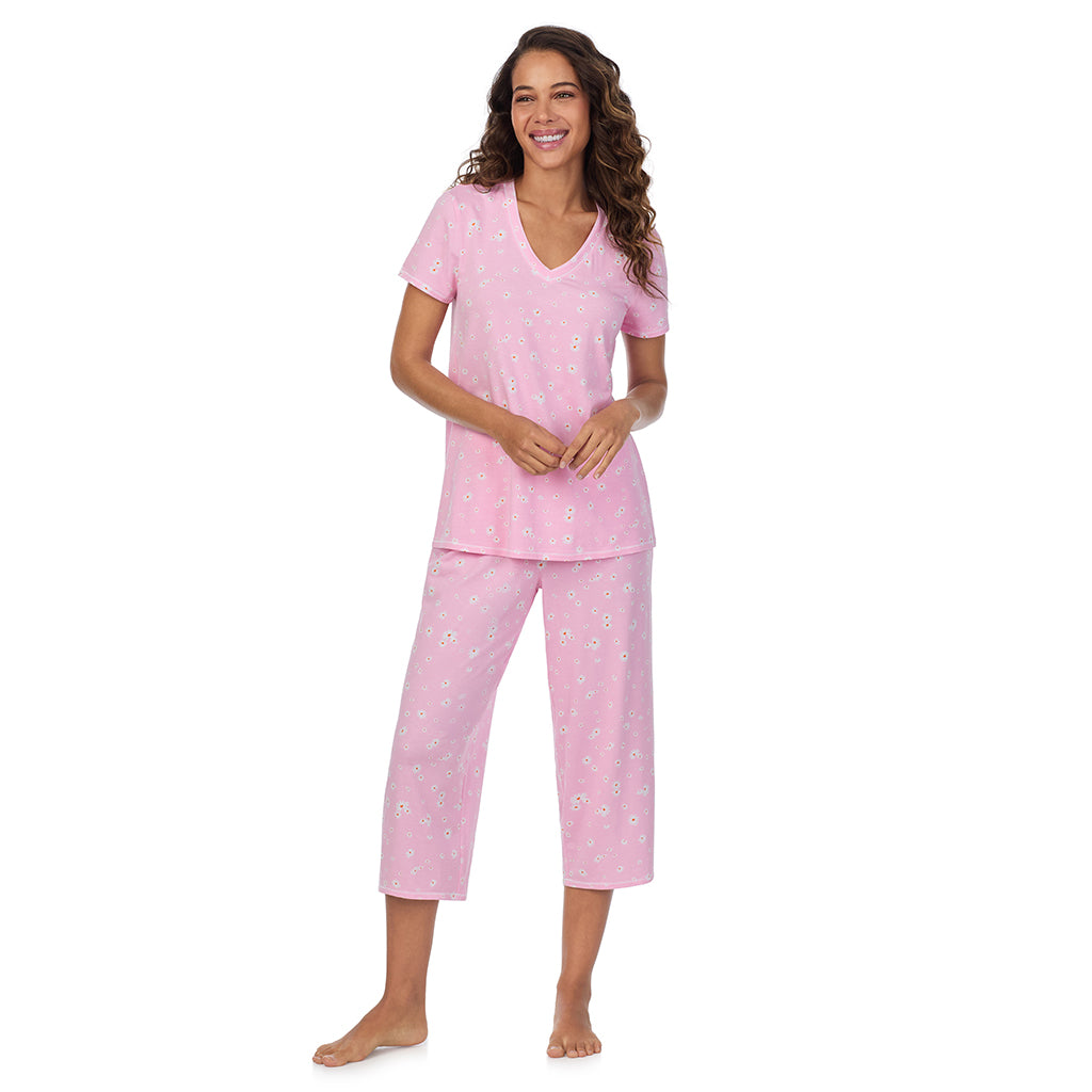 Pink Daisy; Model is wearing size S. She is 5’9”, Bust 34”, Waist 23”, Hips 35”. @A lady wearing Cotton-Blend Short Sleeve Top with Cropped Pant 2-Pc Pajama Set