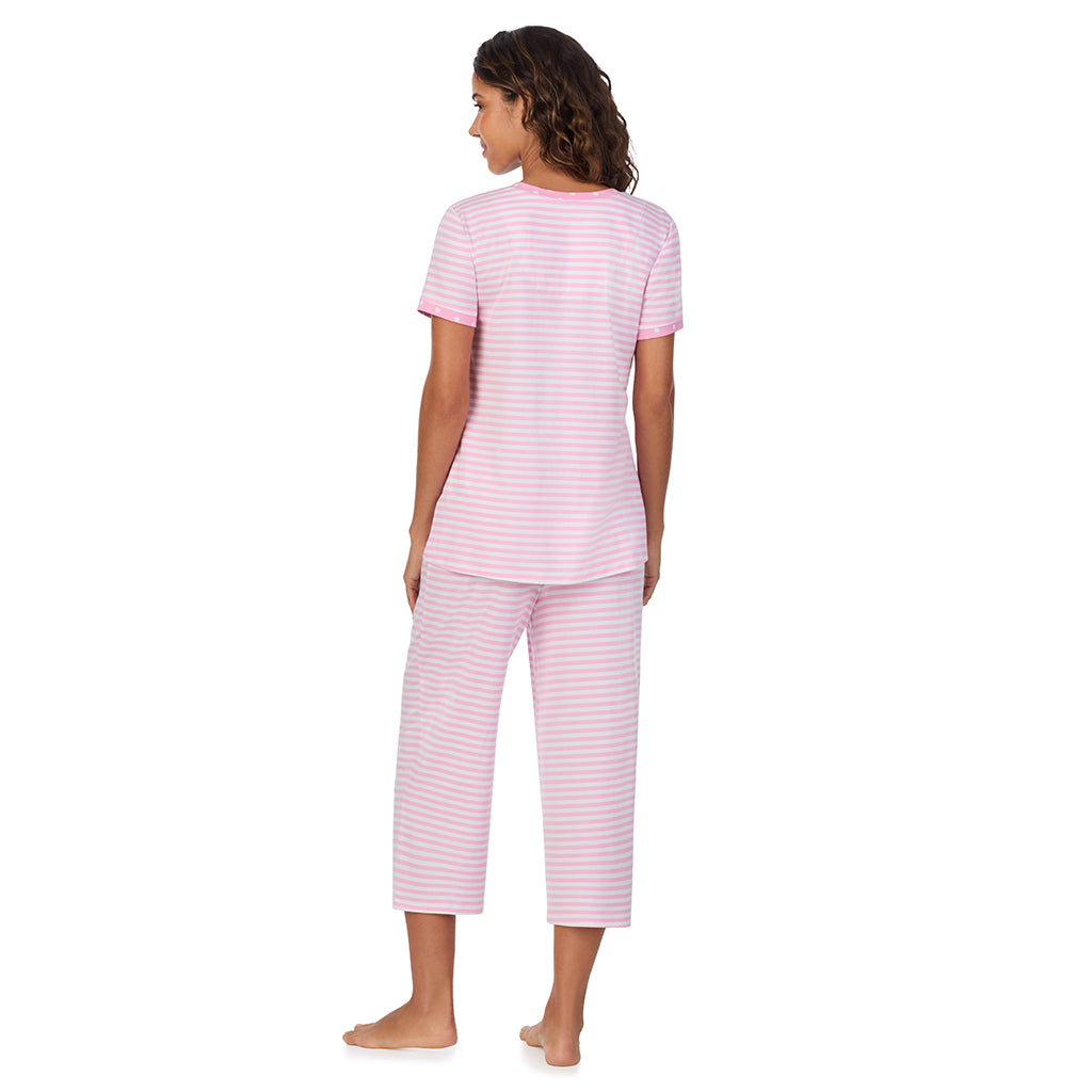 Pink Stripe; Model is wearing size S. She is 5’9”, Bust 34”, Waist 23”, Hips 35”. @A lady wearing Cotton-Blend Short Sleeve Top with Cropped Pant 2-Pc Pajama Set