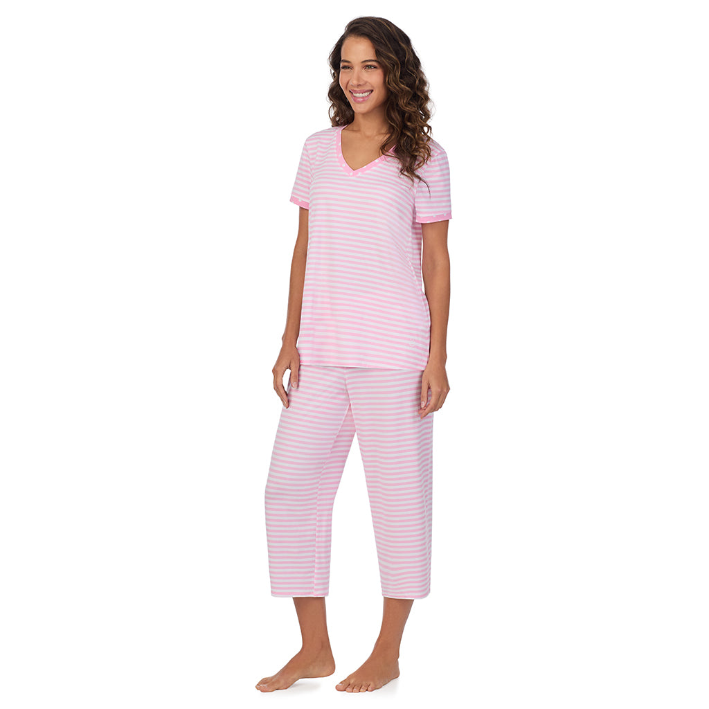 Pink Stripe; Model is wearing size S. She is 5’9”, Bust 34”, Waist 23”, Hips 35”. @A lady wearing Cotton-Blend Short Sleeve Top with Cropped Pant 2-Pc Pajama Set