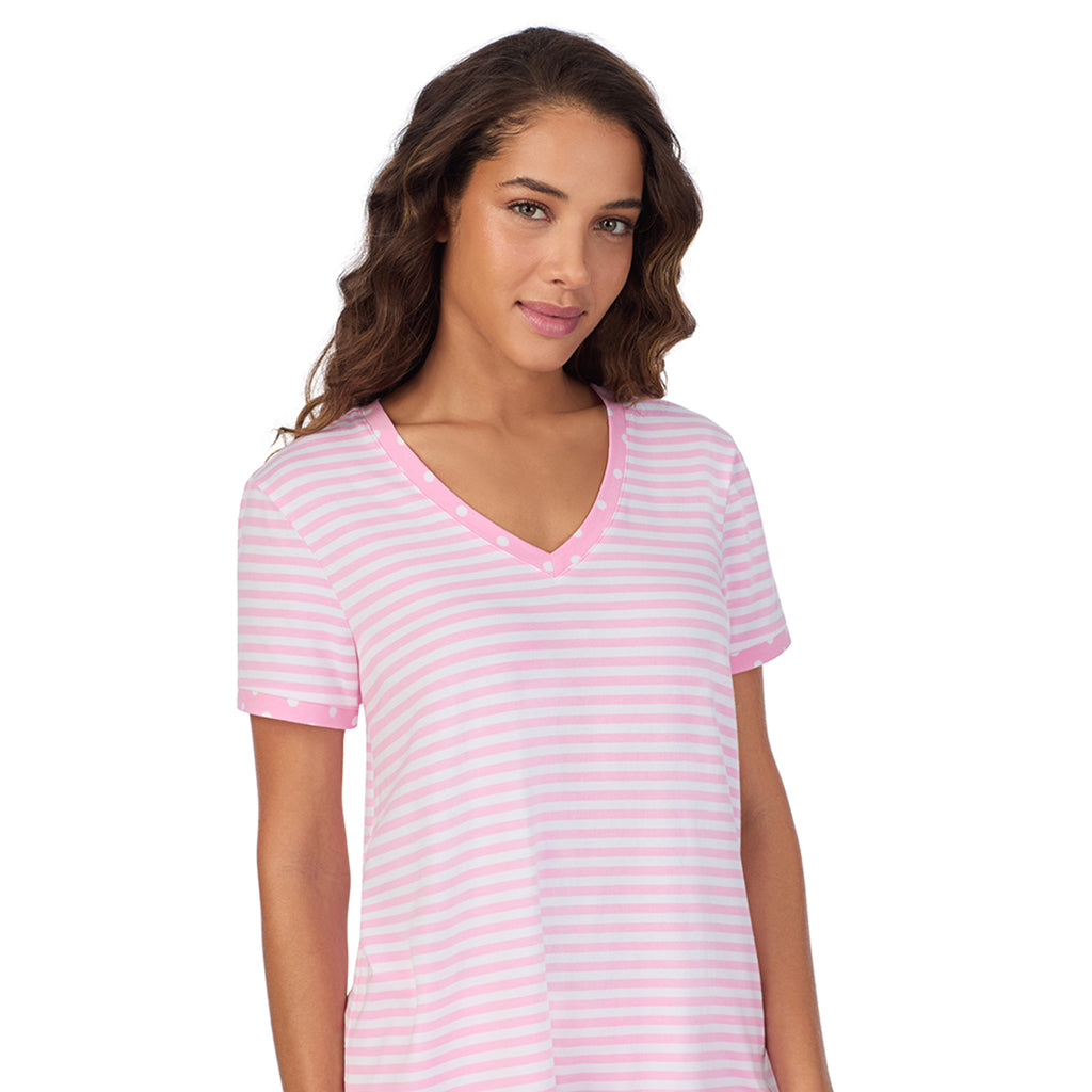 Pink Stripe; Model is wearing size S. She is 5’9”, Bust 34”, Waist 23”, Hips 35”. @A lady wearing Cotton-Blend Short Sleeve Top with Cropped Pant 2-Pc Pajama Set