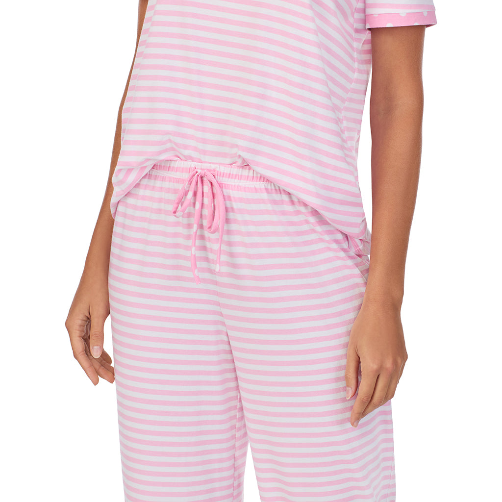 Pink Stripe; Model is wearing size S. She is 5’9”, Bust 34”, Waist 23”, Hips 35”. @A lady wearing Cotton-Blend Short Sleeve Top with Cropped Pant 2-Pc Pajama Set