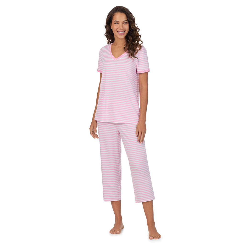 Pink Stripe; Model is wearing size S. She is 5’9”, Bust 34”, Waist 23”, Hips 35”. @A lady wearing Cotton-Blend Short Sleeve Top with Cropped Pant 2-Pc Pajama Set