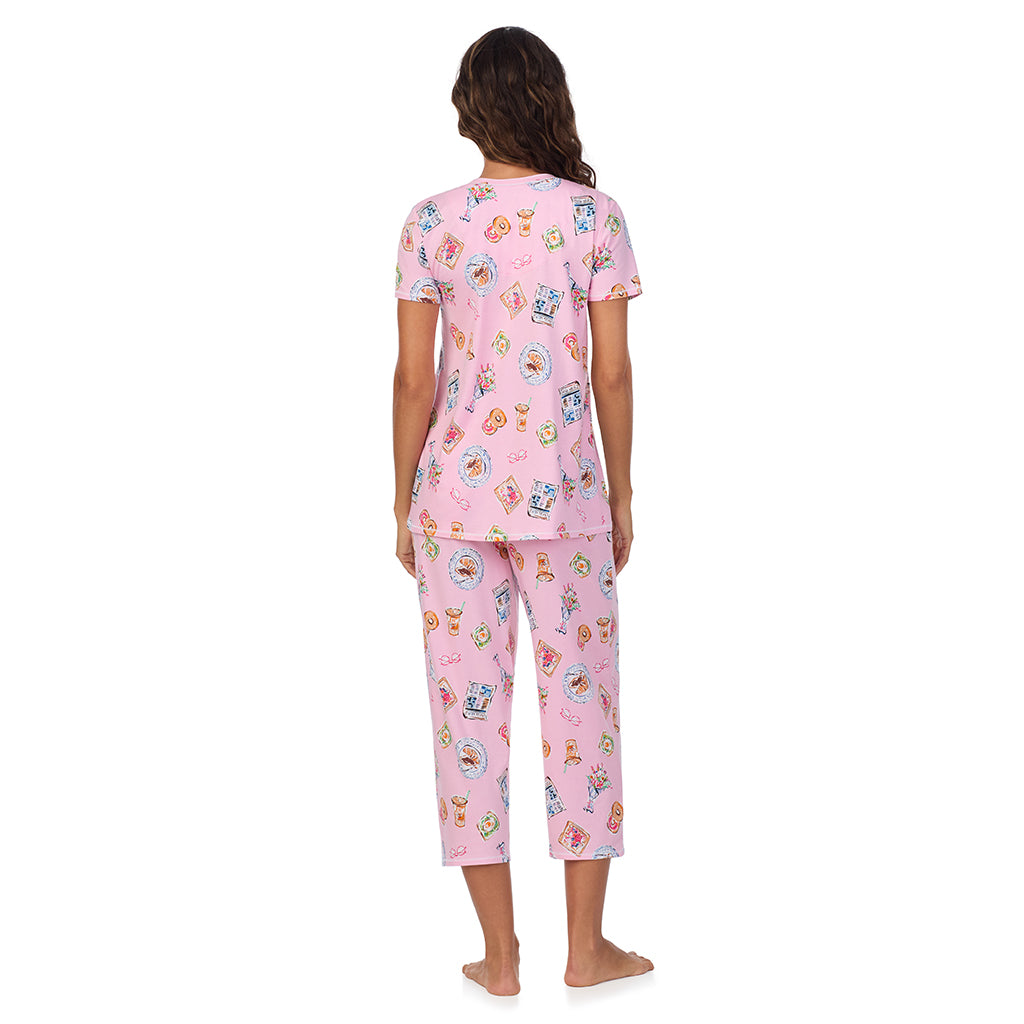 Pink Breakfast; Model is wearing size S. She is 5’9”, Bust 34”, Waist 23”, Hips 35”. @A lady wearing Cotton-Blend Short Sleeve Top with Cropped Pant 2-Pc Pajama Set