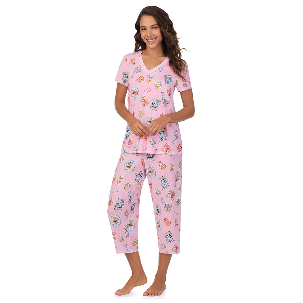 Pink Breakfast; Model is wearing size S. She is 5’9”, Bust 34”, Waist 23”, Hips 35”. @A lady wearing Cotton-Blend Short Sleeve Top with Cropped Pant 2-Pc Pajama Set