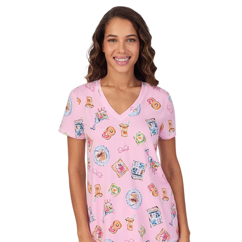 Pink Breakfast; Model is wearing size S. She is 5’9”, Bust 34”, Waist 23”, Hips 35”. @A lady wearing Cotton-Blend Short Sleeve Top with Cropped Pant 2-Pc Pajama Set