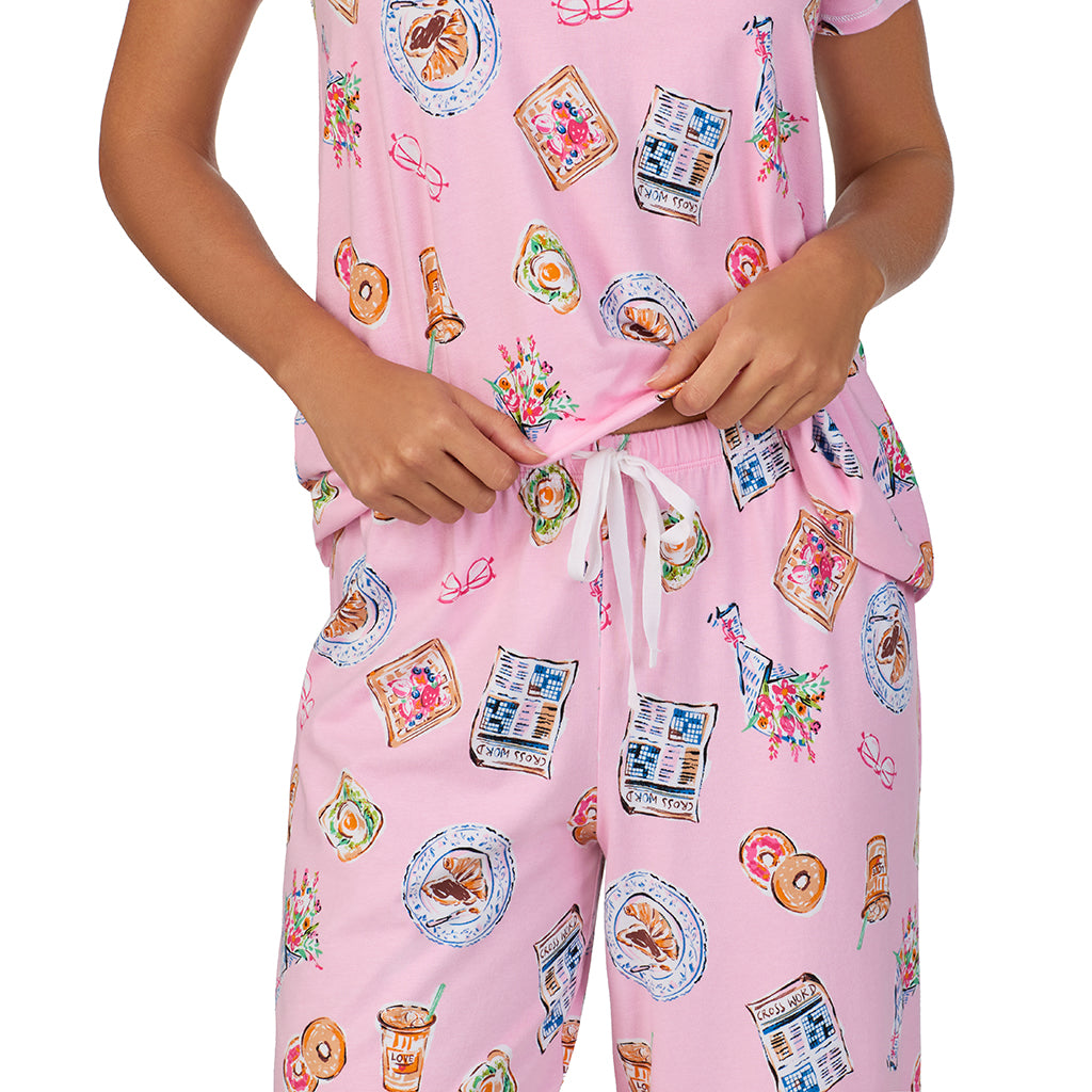 Pink Breakfast; Model is wearing size S. She is 5’9”, Bust 34”, Waist 23”, Hips 35”. @A lady wearing Cotton-Blend Short Sleeve Top with Cropped Pant 2-Pc Pajama Set