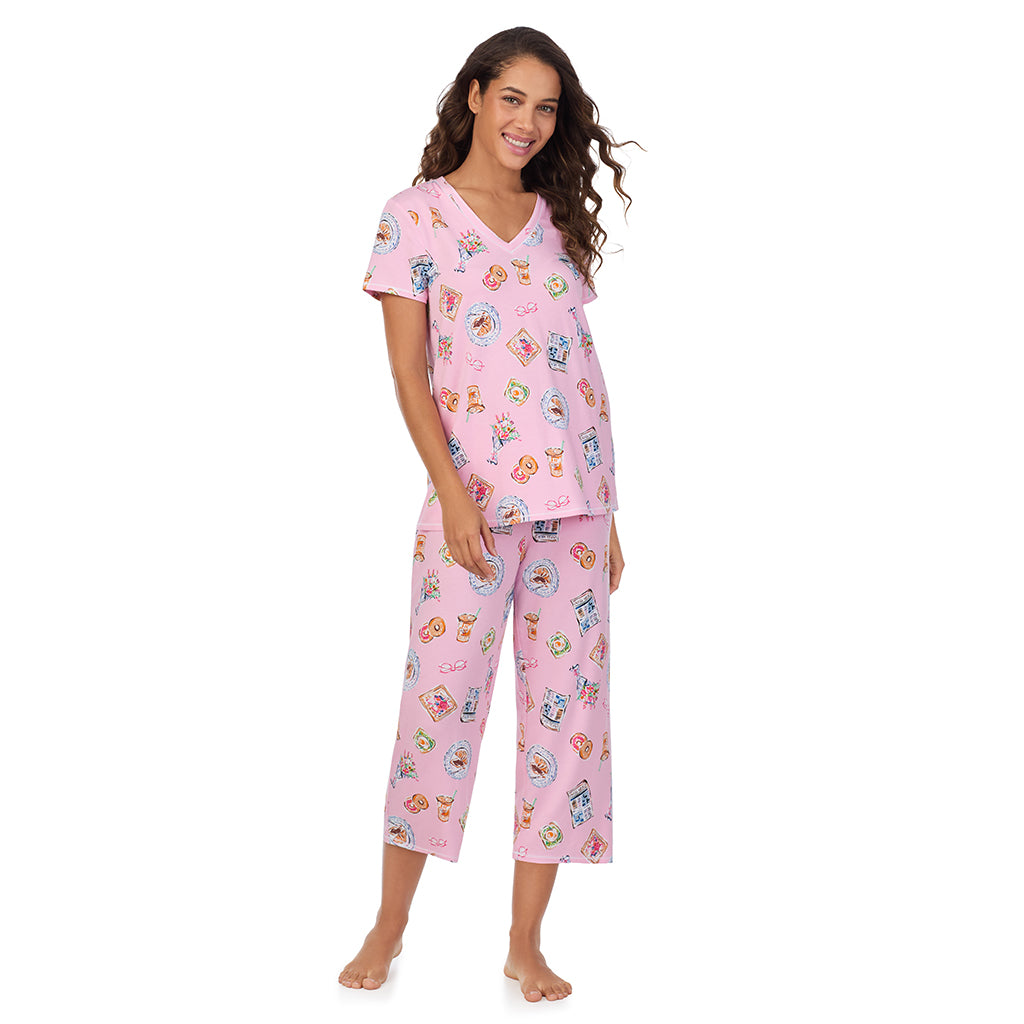 Pink Breakfast; Model is wearing size S. She is 5’9”, Bust 34”, Waist 23”, Hips 35”. @A lady wearing Cotton-Blend Short Sleeve Top with Cropped Pant 2-Pc Pajama Set