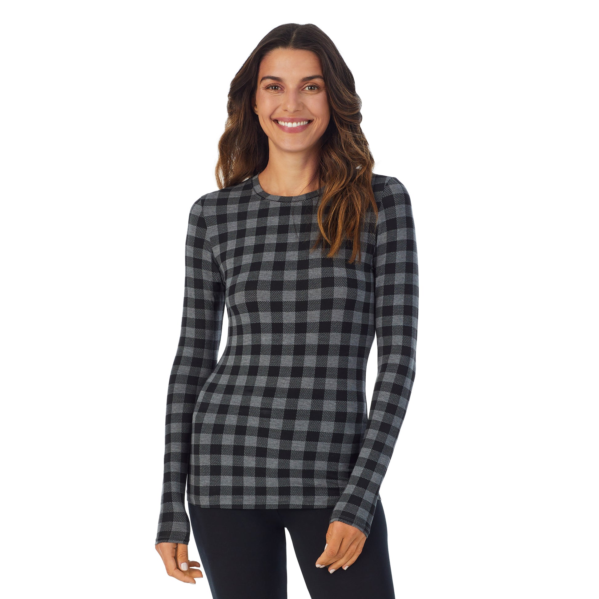 A lady wearing tonal buffalo long sleeve crew tall softwear with stretch top.