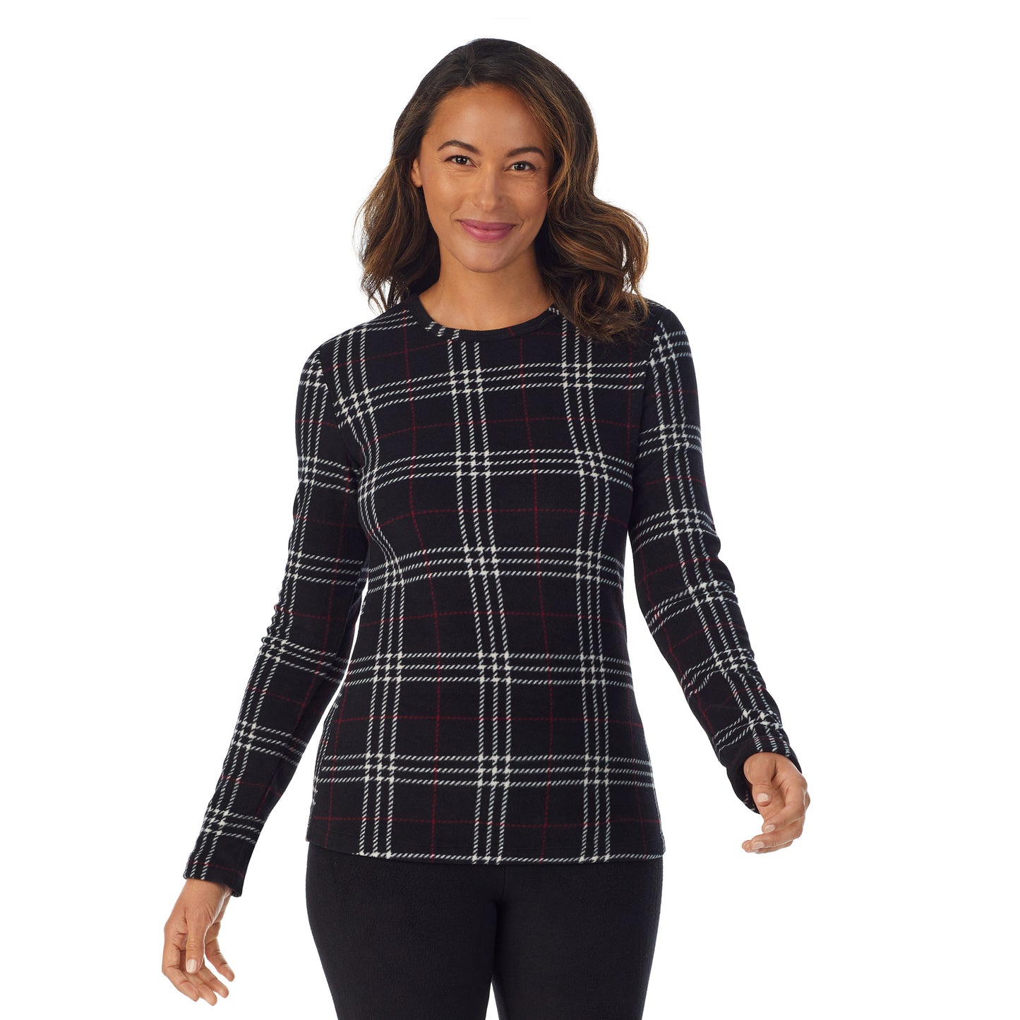 Black Plaid; Model is wearing size S. She is 5’8”, Bust 34”, Waist 24.5”, Hips 35”.@upper body of A lady wearing Black Plaid Long Sleeve Crew !59% Polyester, 35% Recycled Polyester, 6% Spandex!