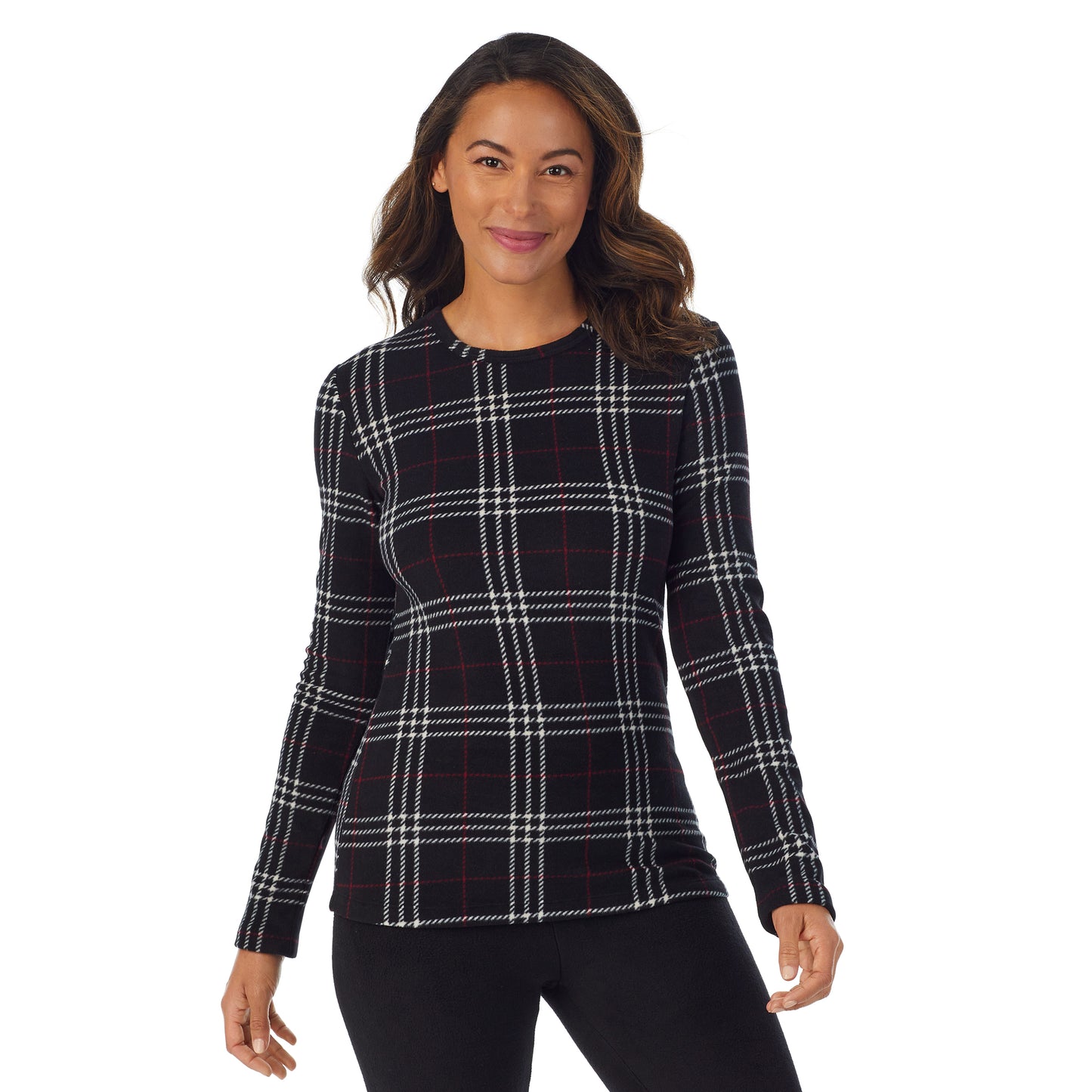 Black Plaid; Model is wearing size S. She is 5’8”, Bust 34”, Waist 24.5”, Hips 35”.@upper body of A lady wearing Black Plaid Long Sleeve Crew !59% Polyester, 35% Recycled Polyester, 6% Spandex!