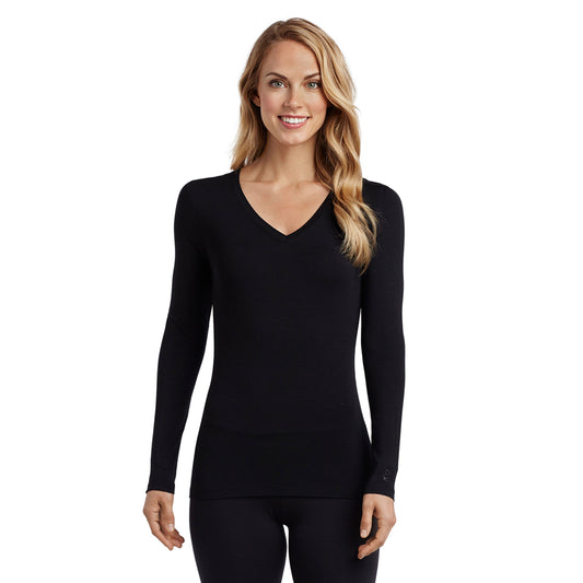 A lady wearing black long sleeve v-neck tall softwear with stretch top.
