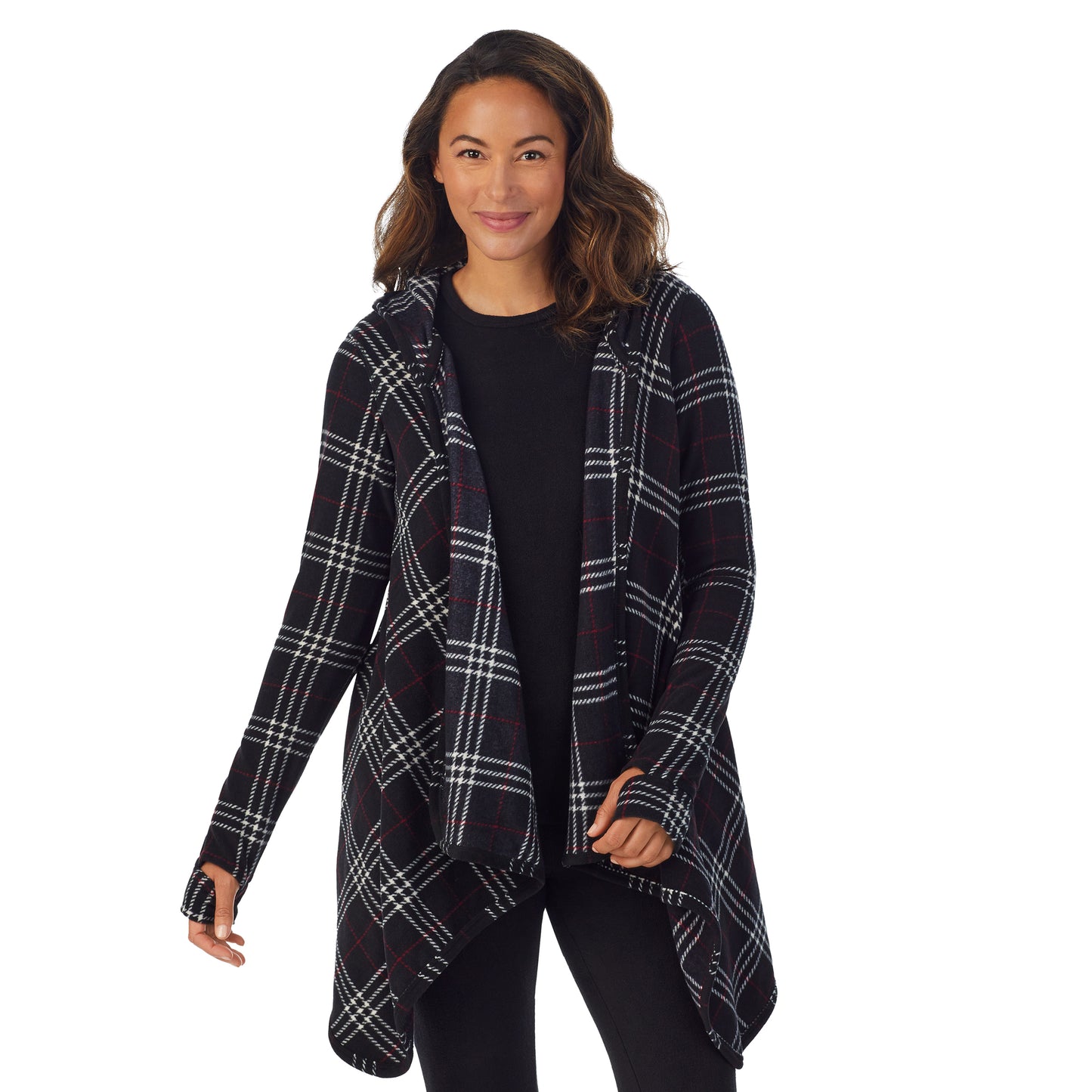 Black Plaid; Model is wearing size S. She is 5’8”, Bust 34”, Waist 24.5”, Hips 35”.@Upper body of a lady wearing long sleeve Black Plaid hooded wrap !59% Polyester, 35% Recycled Polyester, 6% Spandex!