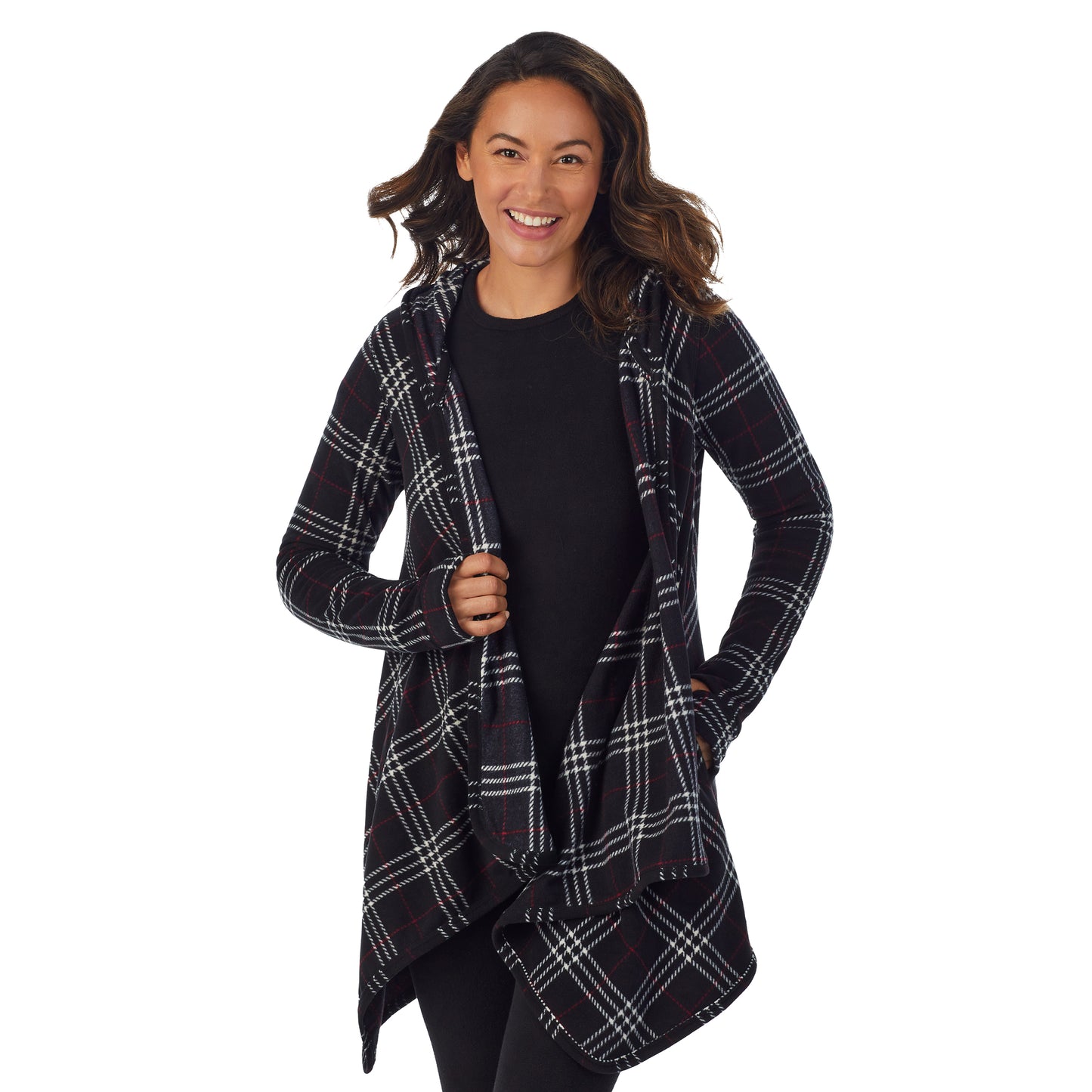 Black Plaid; Model is wearing size S. She is 5’8”, Bust 34”, Waist 24.5”, Hips 35”.@Upper body of a lady wearing long sleeve Black Plaid hooded wrap !59% Polyester, 35% Recycled Polyester, 6% Spandex!