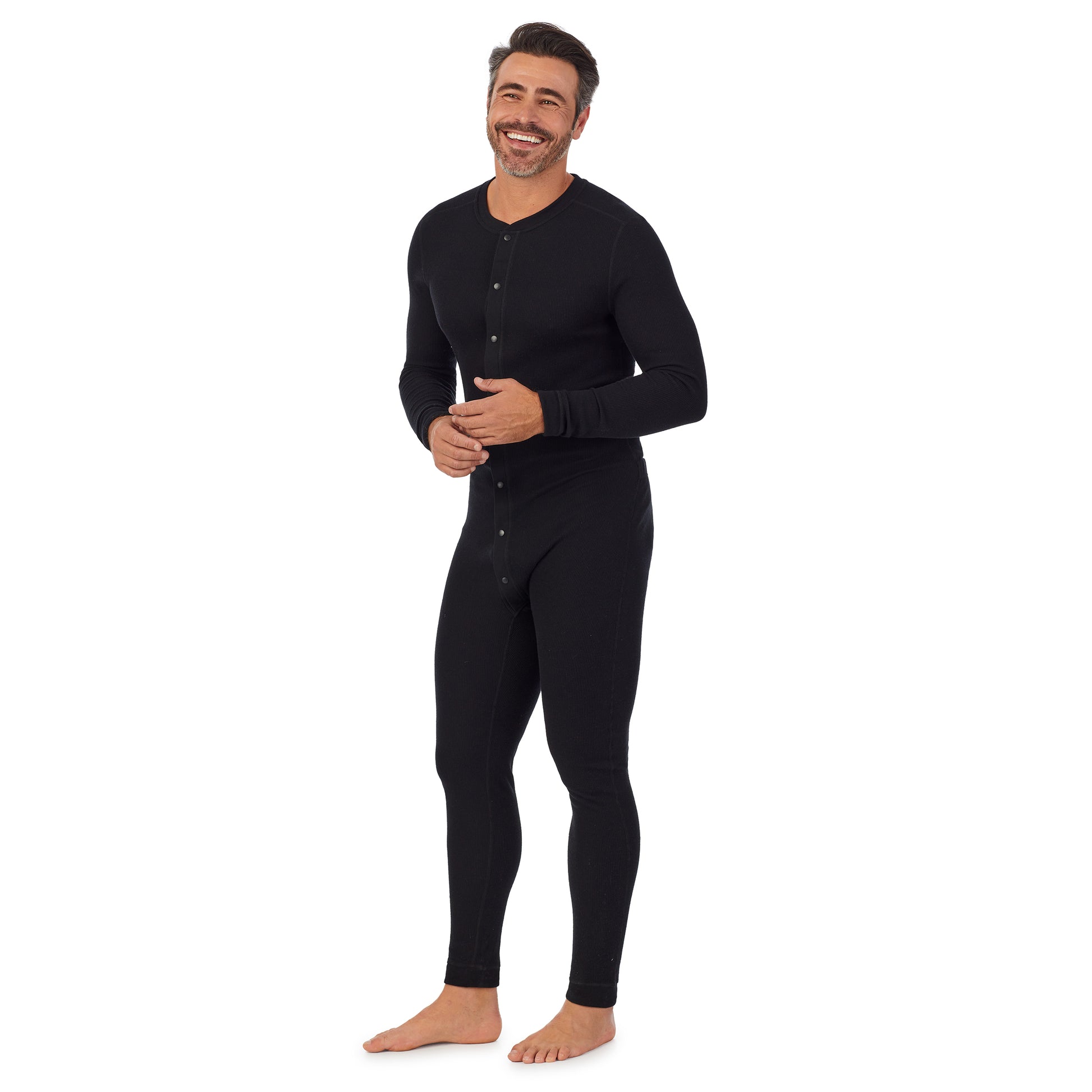 Black;Model is wearing size M. He is 6'2", Waist 32", Inseam 34".@A man wearing black Waffle Thermal Button Front Union Suit