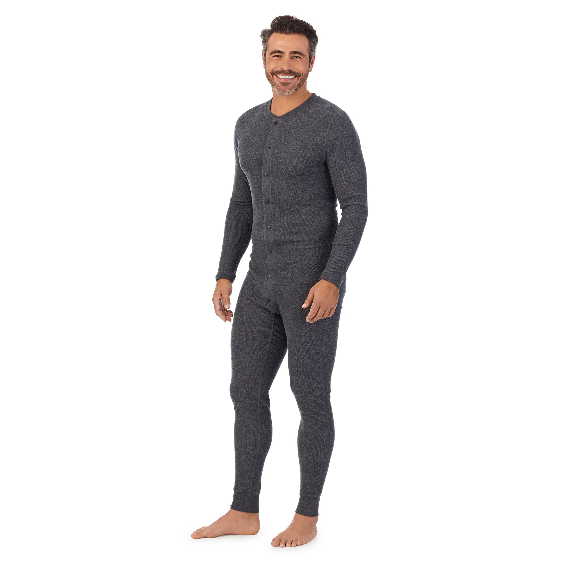 A man wearing charcoal heather Waffle Thermal Button Front Union Suit