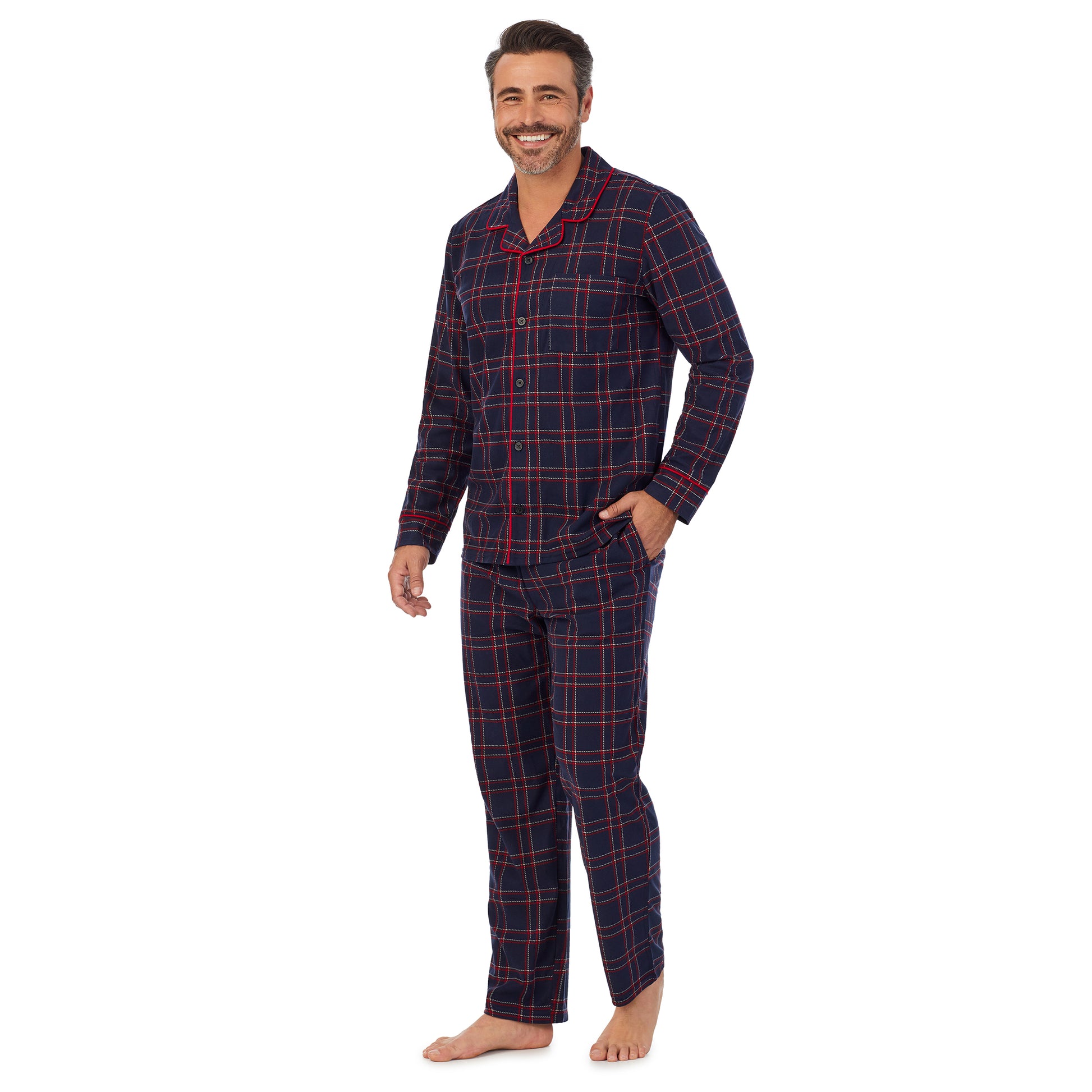 Navy Plaid;Model is wearing size M. He is 6'2", Waist 32", Inseam 34".@A man wearing navy plaid Mens Cozy Lodge Notch Pajama 2-Pc Set