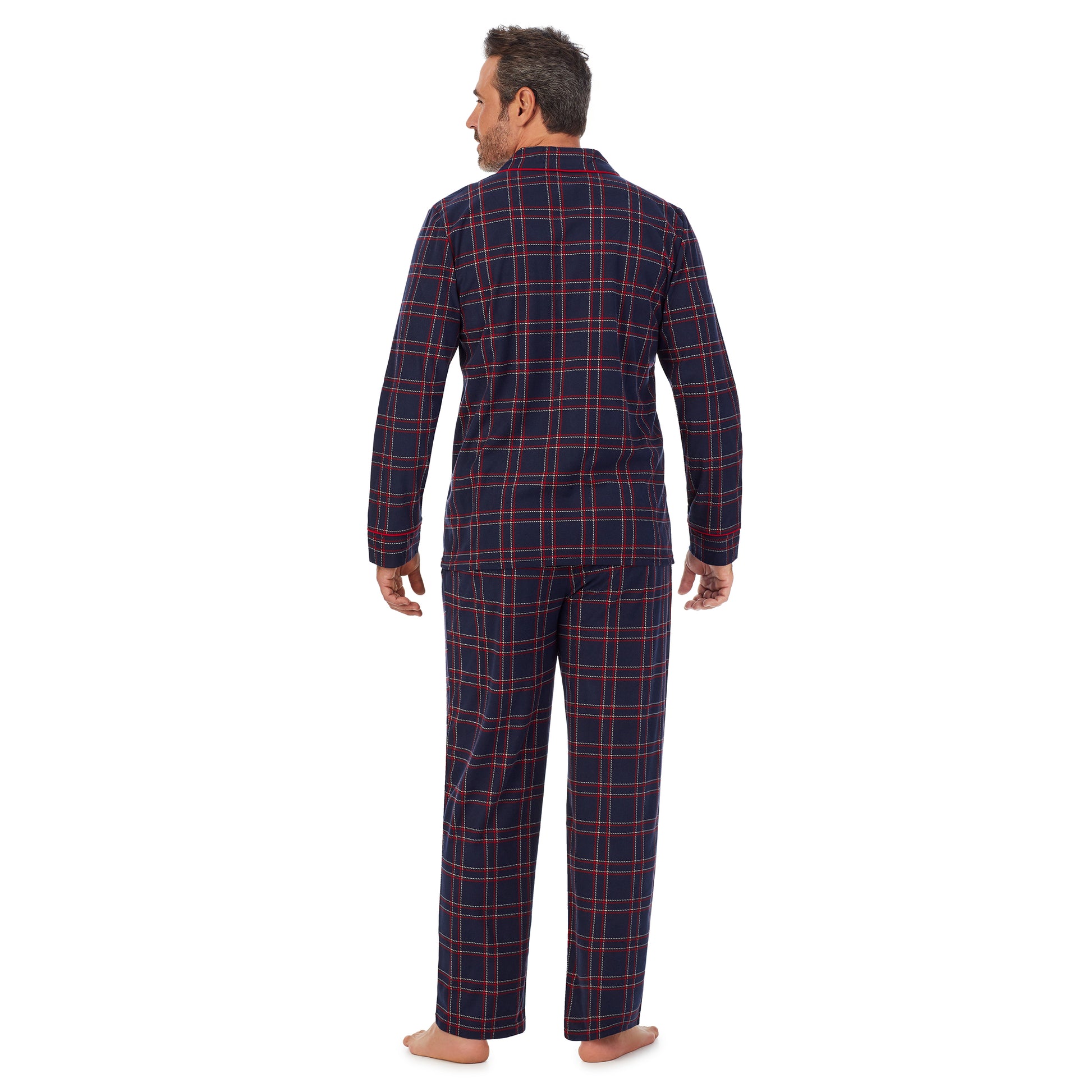 Navy Plaid;Model is wearing size M. He is 6'2", Waist 32", Inseam 34".@A man wearing navy plaid Mens Cozy Lodge Notch Pajama 2-Pc Set