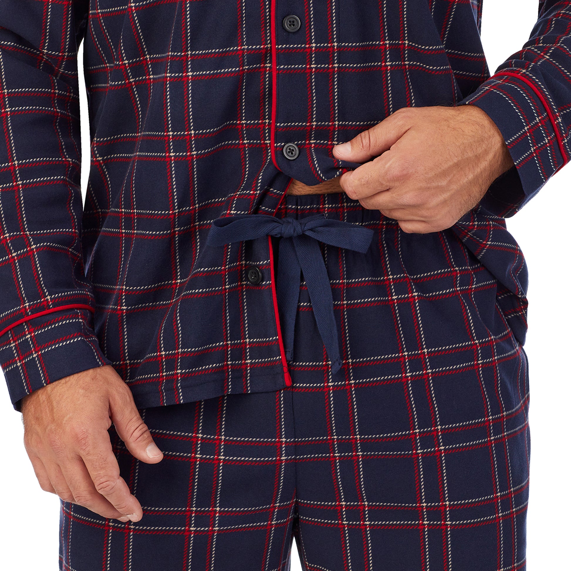 A man wearing navy plaid Mens Cozy Lodge Notch Pajama 2-Pc Set