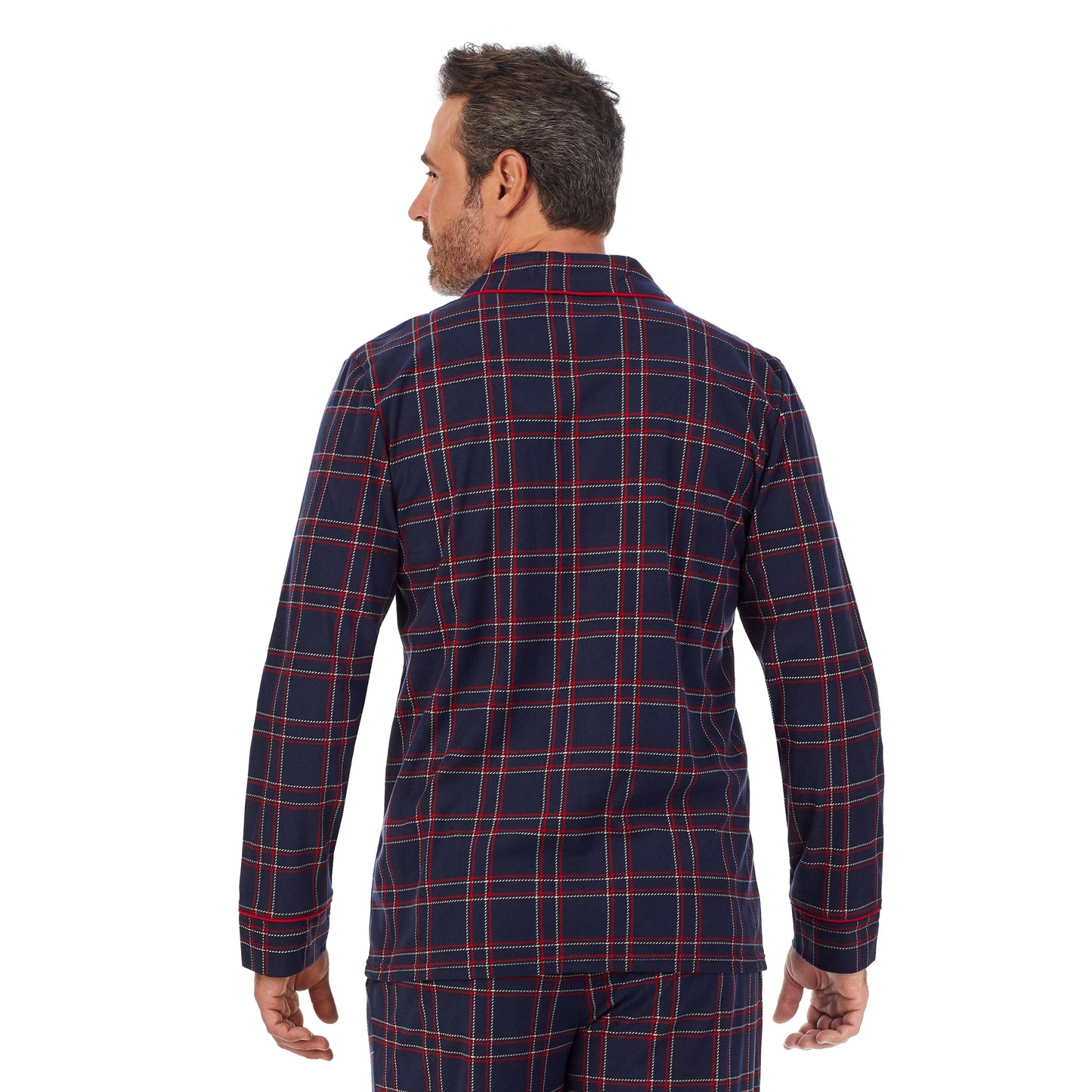 Navy Plaid;Model is wearing size M. He is 6'2", Waist 32", Inseam 34".@A man wearing navy plaid Mens Cozy Lodge Notch Pajama 2-Pc Set