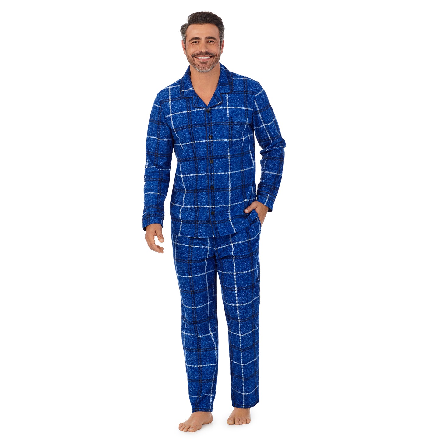 Blue Plaid;Model is wearing size M. He is 6'2", Waist 32", Inseam 34".@A man wearing blue plaid Mens Cozy Lodge Notch Pajama 2-Pc Set