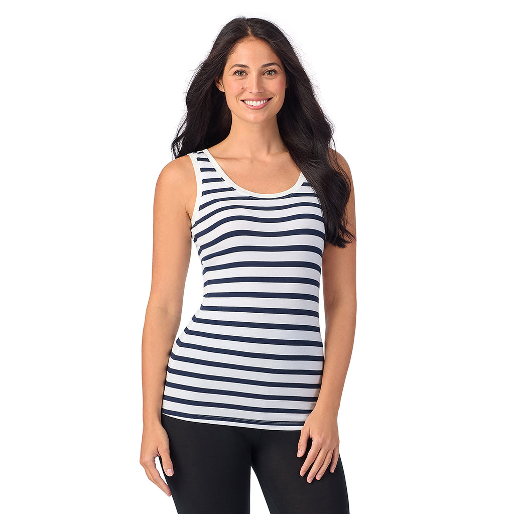 Navy White Stripe; Model is wearing size S. She is 5'8.5", Bust 32", Waist 25", Hips 36". @A lady wearing navy white stripe sleeveless reversible tank.