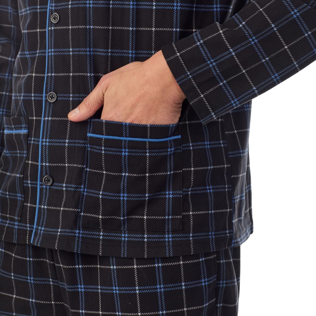 A Man is wearing Black Windowpane Mens Cozy Lodge Notch Pajama 2-Pc Set