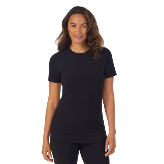 A lady wearing black cottonwear short sleeve t-shirt