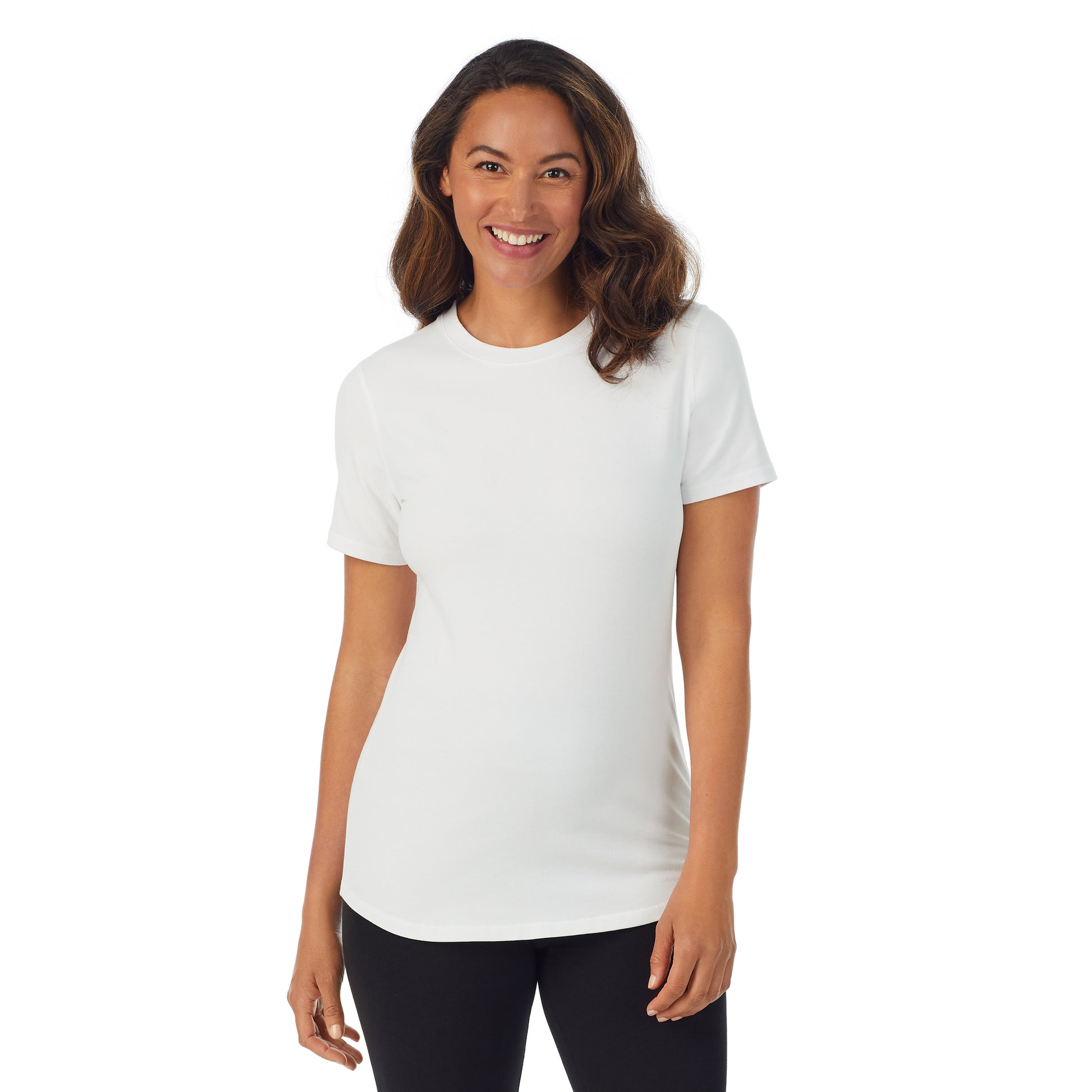 A lady wearing white cottonwear short sleeve t-shirt