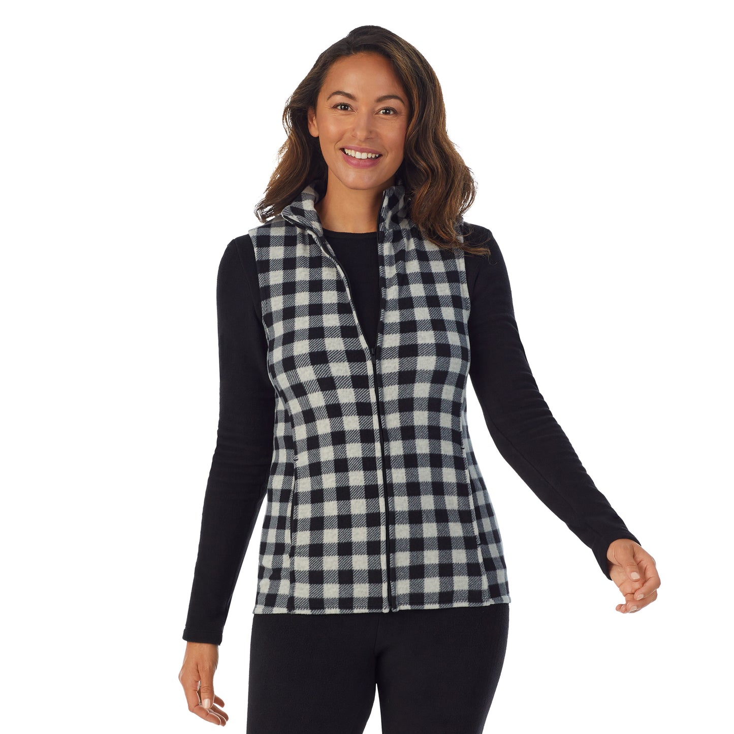 Grey Buffalo; Model is wearing size S. She is 5’8”, Bust 34”, Waist 24.5”, Hips 35”.@upper body of A lady wearing Grey Buffalo full zip vest !59% Polyester, 35% Recycled Polyester, 6% Spandex!