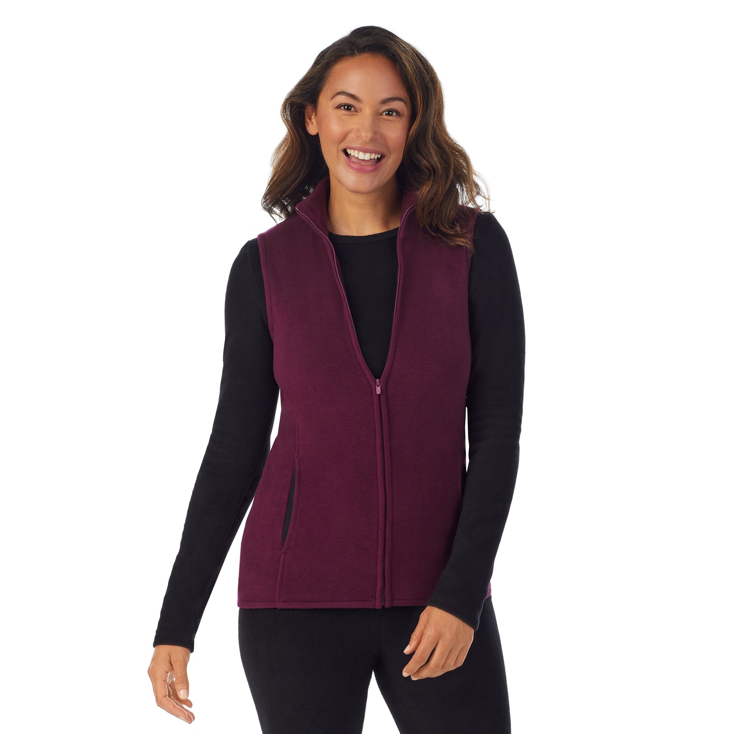 Purple Beet; Model is wearing size S. She is 5’8”, Bust 34”, Waist 24.5”, Hips 35”.@upper body of A lady wearing Purple Beet full zip vest !59% Polyester, 35% Recycled Polyester, 6% Spandex!