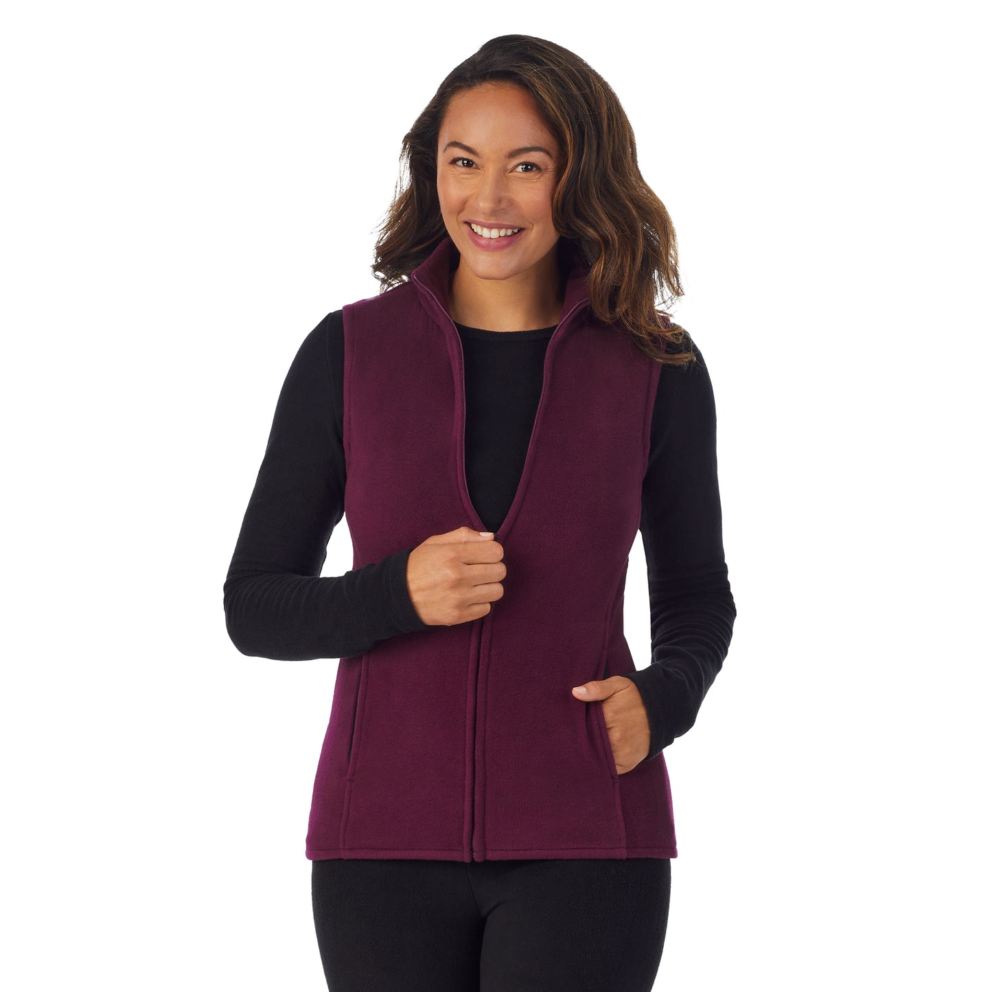 Purple Beet; Model is wearing size S. She is 5’8”, Bust 34”, Waist 24.5”, Hips 35”.@upper body of A lady wearing Purple Beet full zip vest !59% Polyester, 35% Recycled Polyester, 6% Spandex!