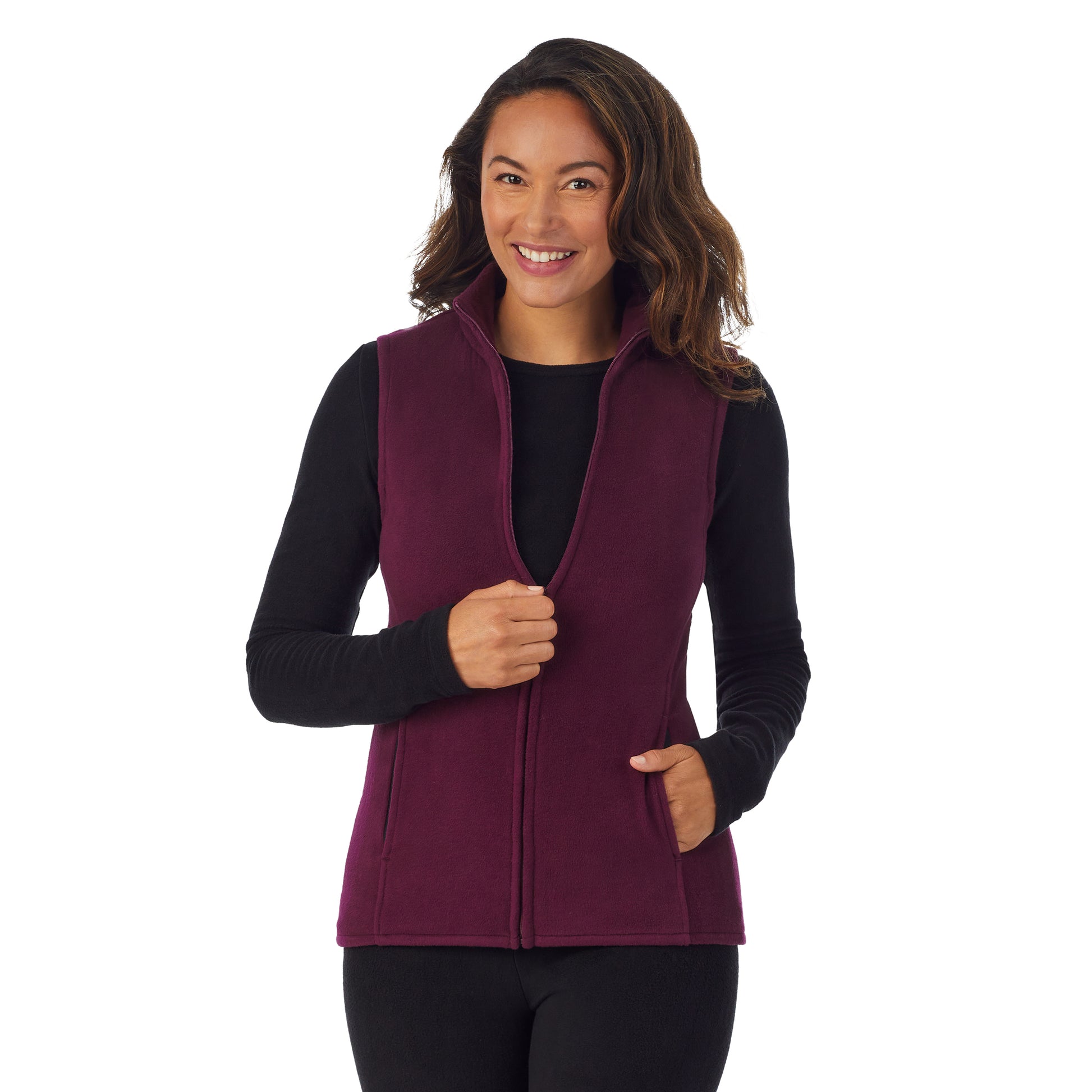 upper body of A lady wearing Purple Beet full zip vest