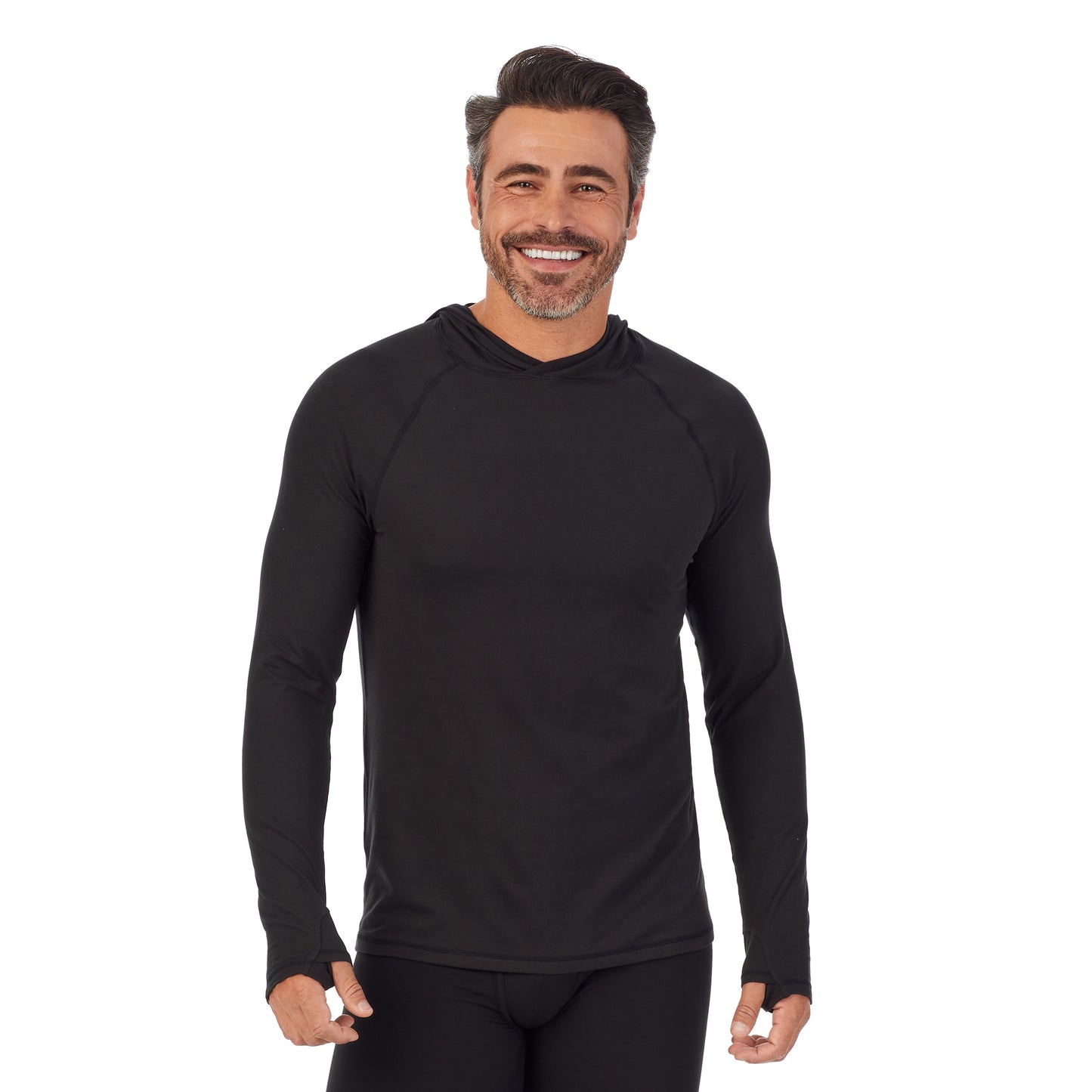 Black;Model is wearing size M. He is 6'2", Waist 32", Inseam 34".@A man wearing black ClimateSport Pull-Over Hoodie