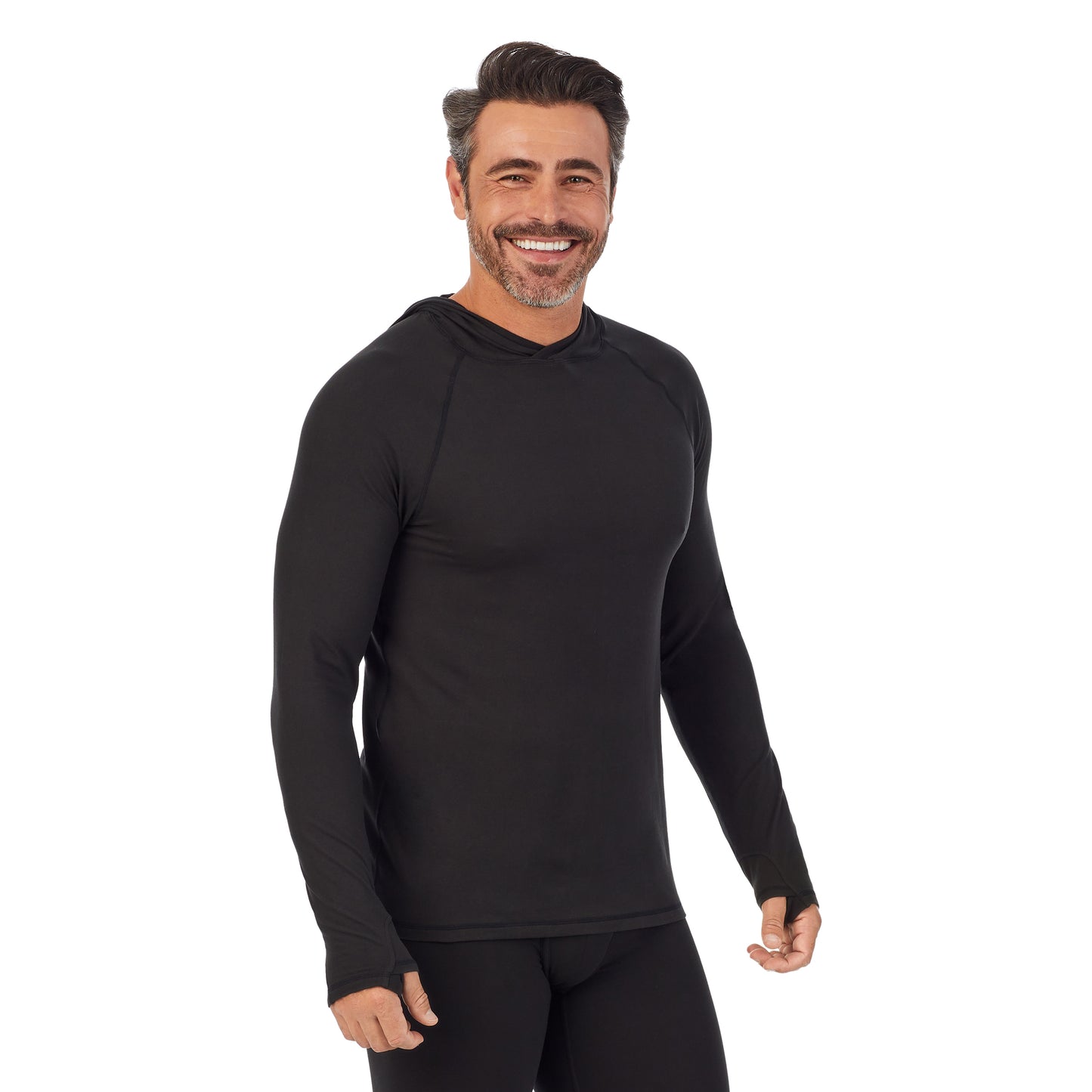Black;Model is wearing size M. He is 6'2", Waist 32", Inseam 34".@A man wearing black ClimateSport Pull-Over Hoodie