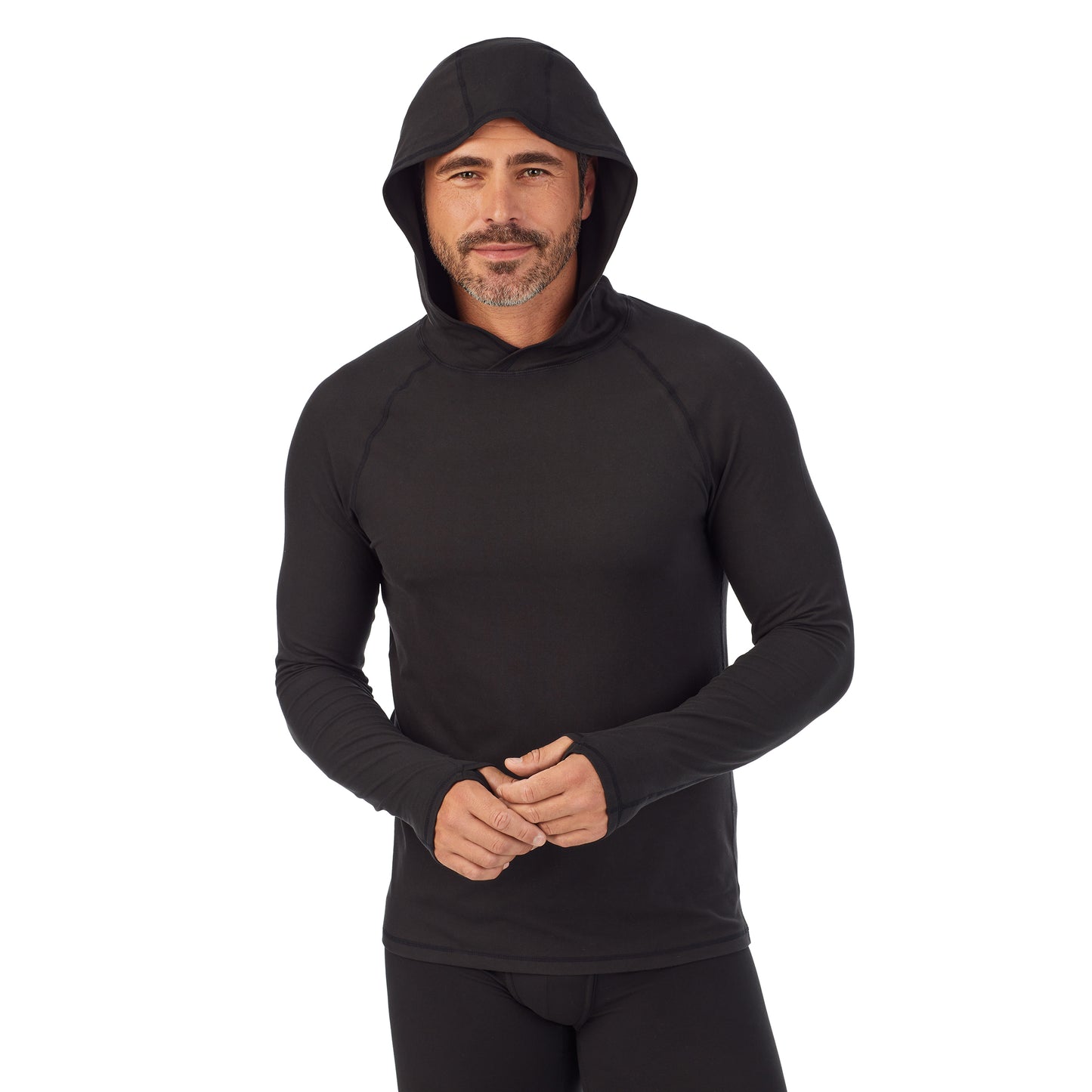 Black;Model is wearing size M. He is 6'2", Waist 32", Inseam 34".@A man wearing black ClimateSport Pull-Over Hoodie