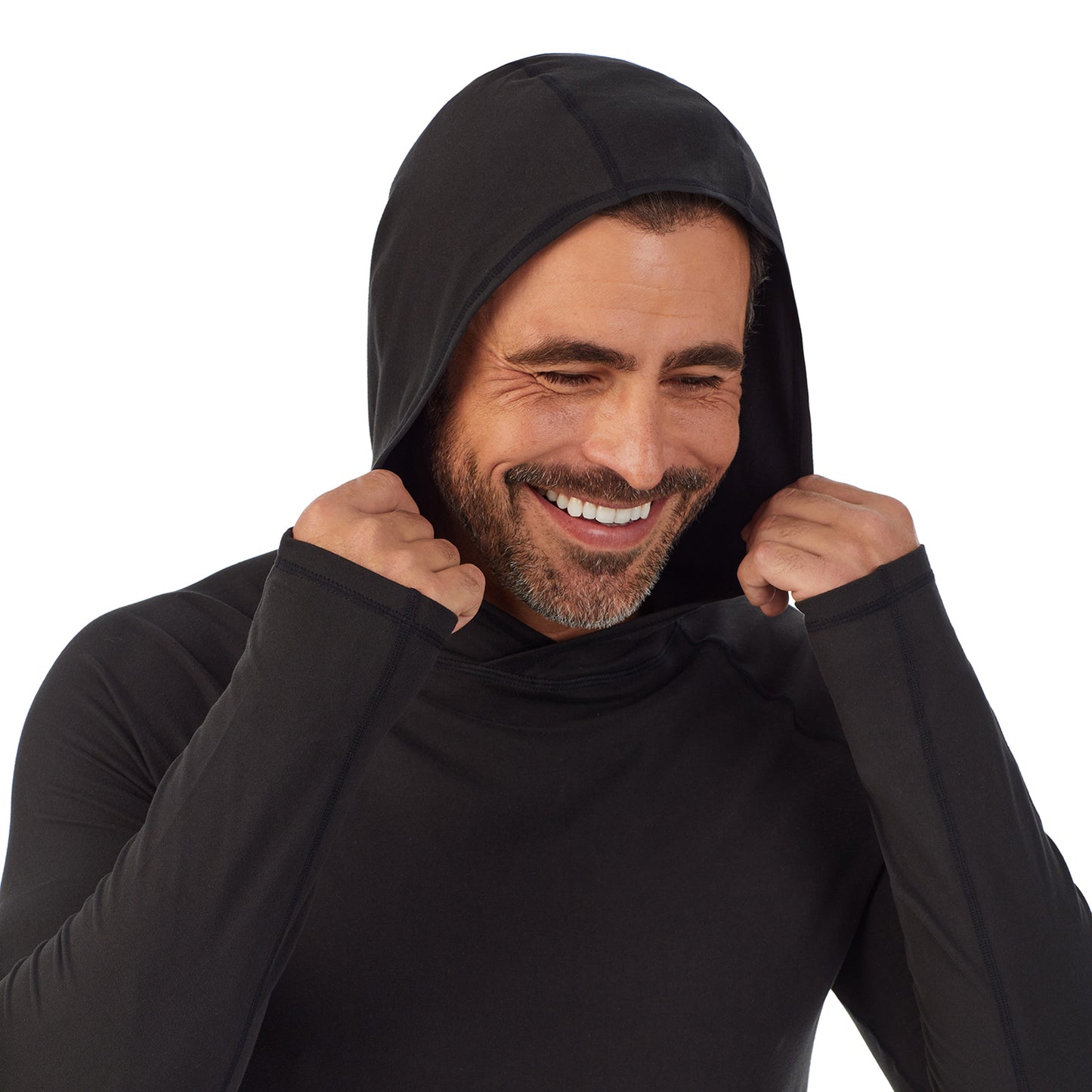 Black;Model is wearing size M. He is 6'2", Waist 32", Inseam 34".@A man wearing black ClimateSport Pull-Over Hoodie