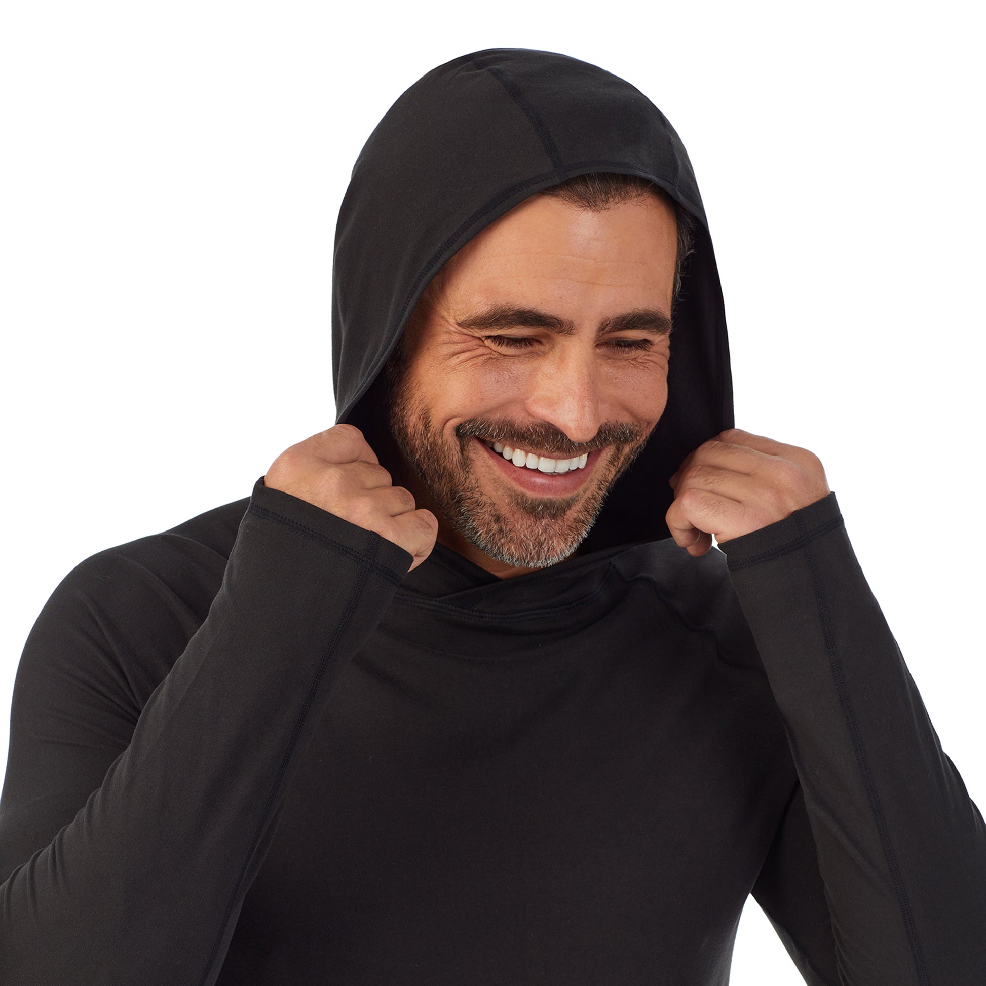 A man wearing black ClimateSport Pull-Over Hoodie