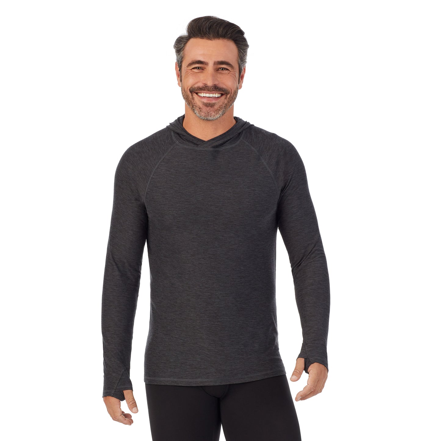 Grey Space Dye;Model is wearing size M. He is 6'2", Waist 32", Inseam 34".@A man wearing grey space dye ClimateSport Pull-Over Hoodie