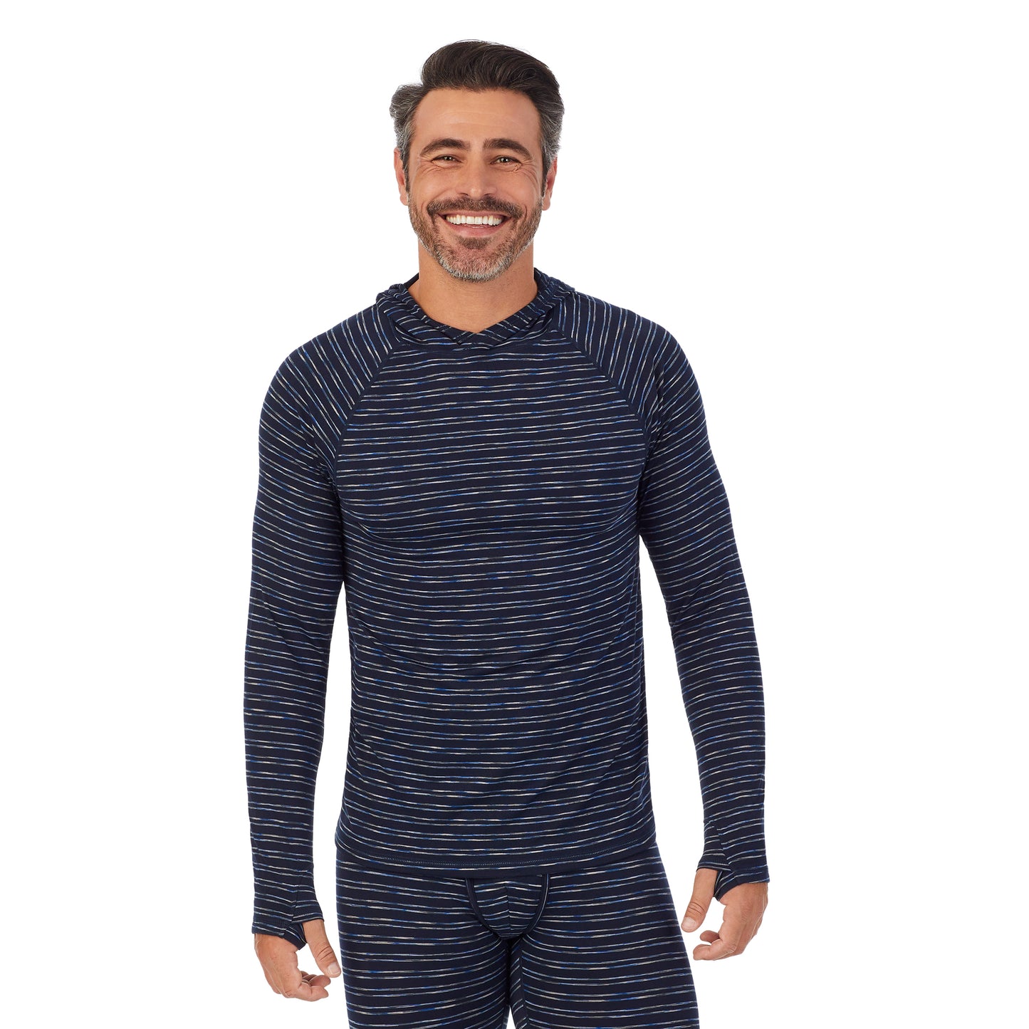 Blue Stripe;Model is wearing size M. He is 6'2", Waist 32", Inseam 34".@A man wearing blue stripe ClimateSport Pull-Over Hoodie