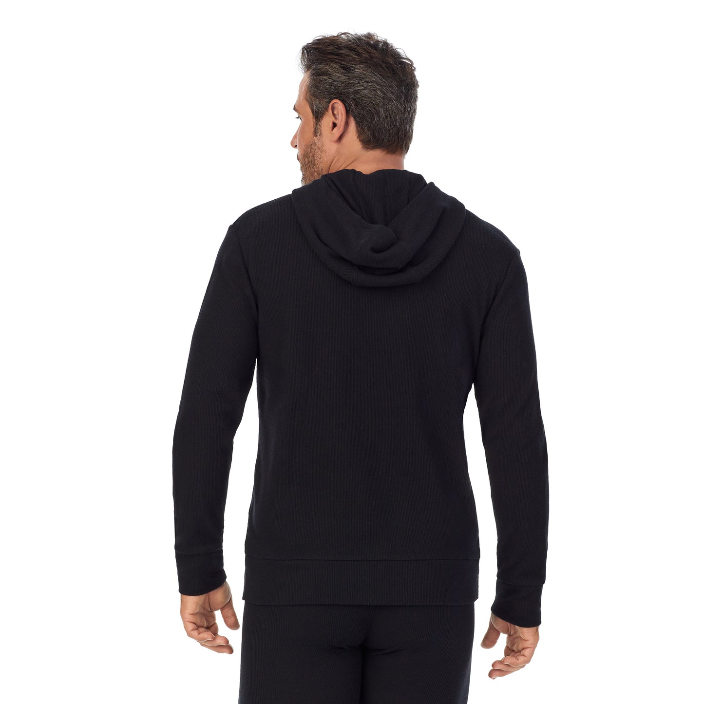 Black;Model is wearing size M. He is 6'2", Waist 32", Inseam 34".@A man wearing black Waffle Thermal Pull-Over Hoodie