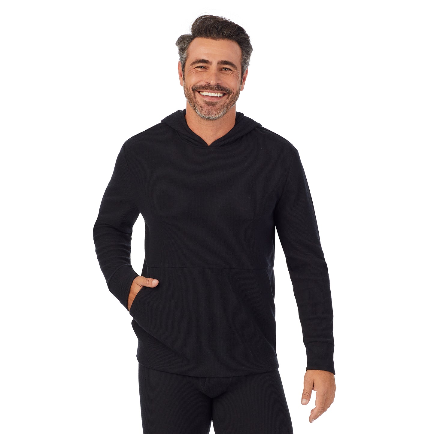 Black;Model is wearing size M. He is 6'2", Waist 32", Inseam 34".@A man wearing black Waffle Thermal Pull-Over Hoodie