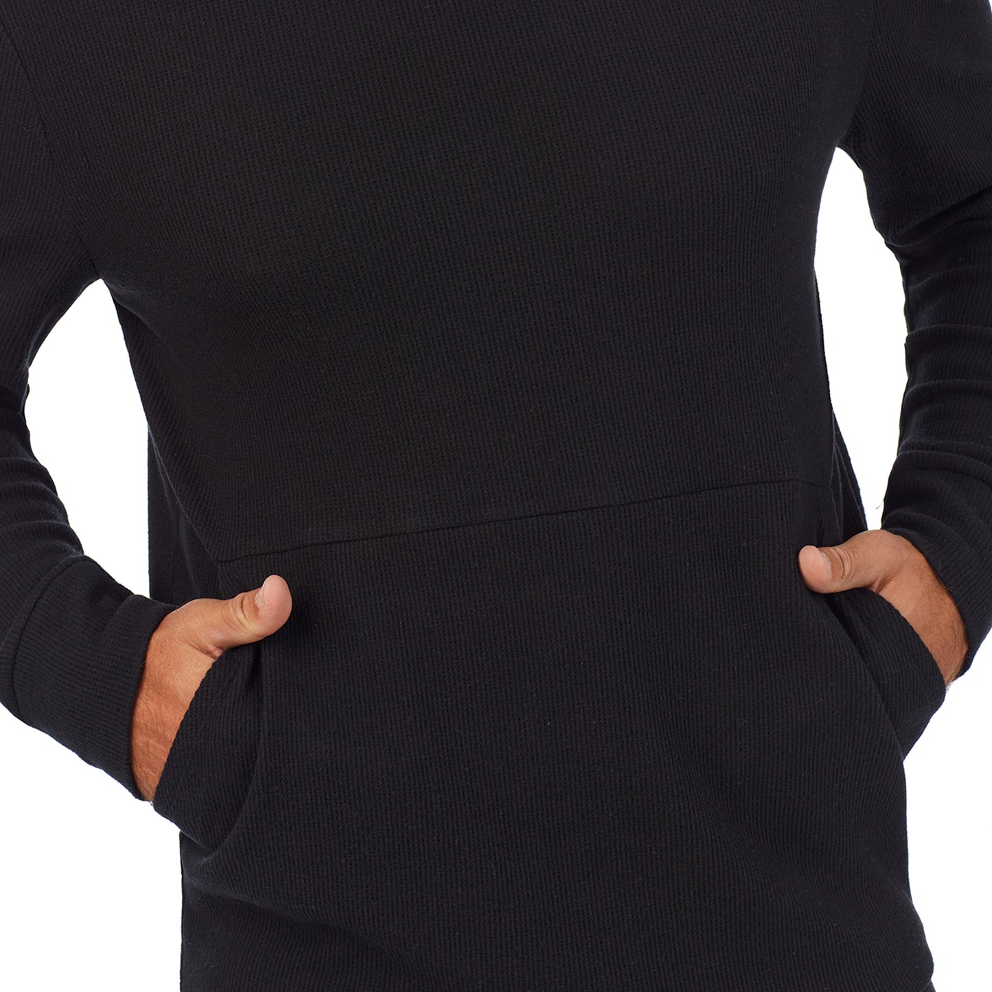 Black;Model is wearing size M. He is 6'2", Waist 32", Inseam 34".@A man wearing black Waffle Thermal Pull-Over Hoodie