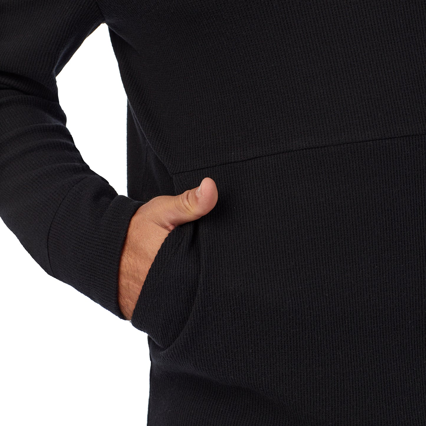 Black;Model is wearing size M. He is 6'2", Waist 32", Inseam 34".@A man wearing black Waffle Thermal Pull-Over Hoodie