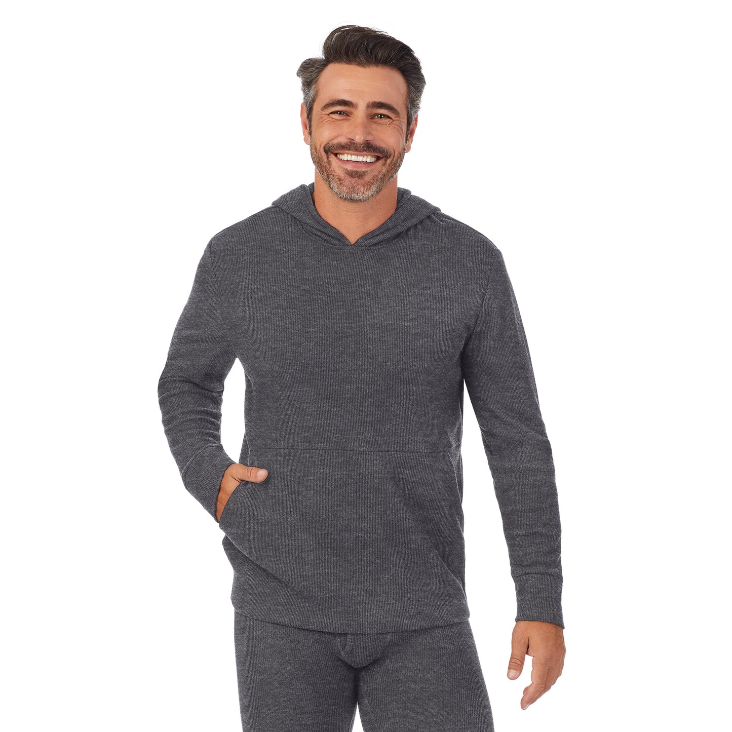 Charcoal Heather;Model is wearing size M. He is 6'2", Waist 32", Inseam 34".@A man wearing charcoal heather Waffle Thermal Pull-Over Hoodie