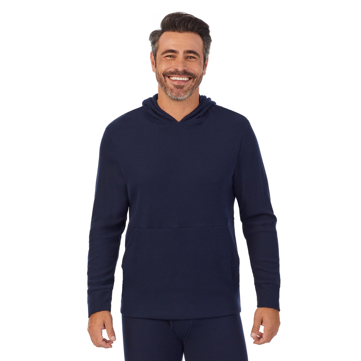 Navy Blazer;Model is wearing size M. He is 6'2", Waist 32", Inseam 34".@A man wearing navy blazer Waffle Thermal Pull-Over Hoodie