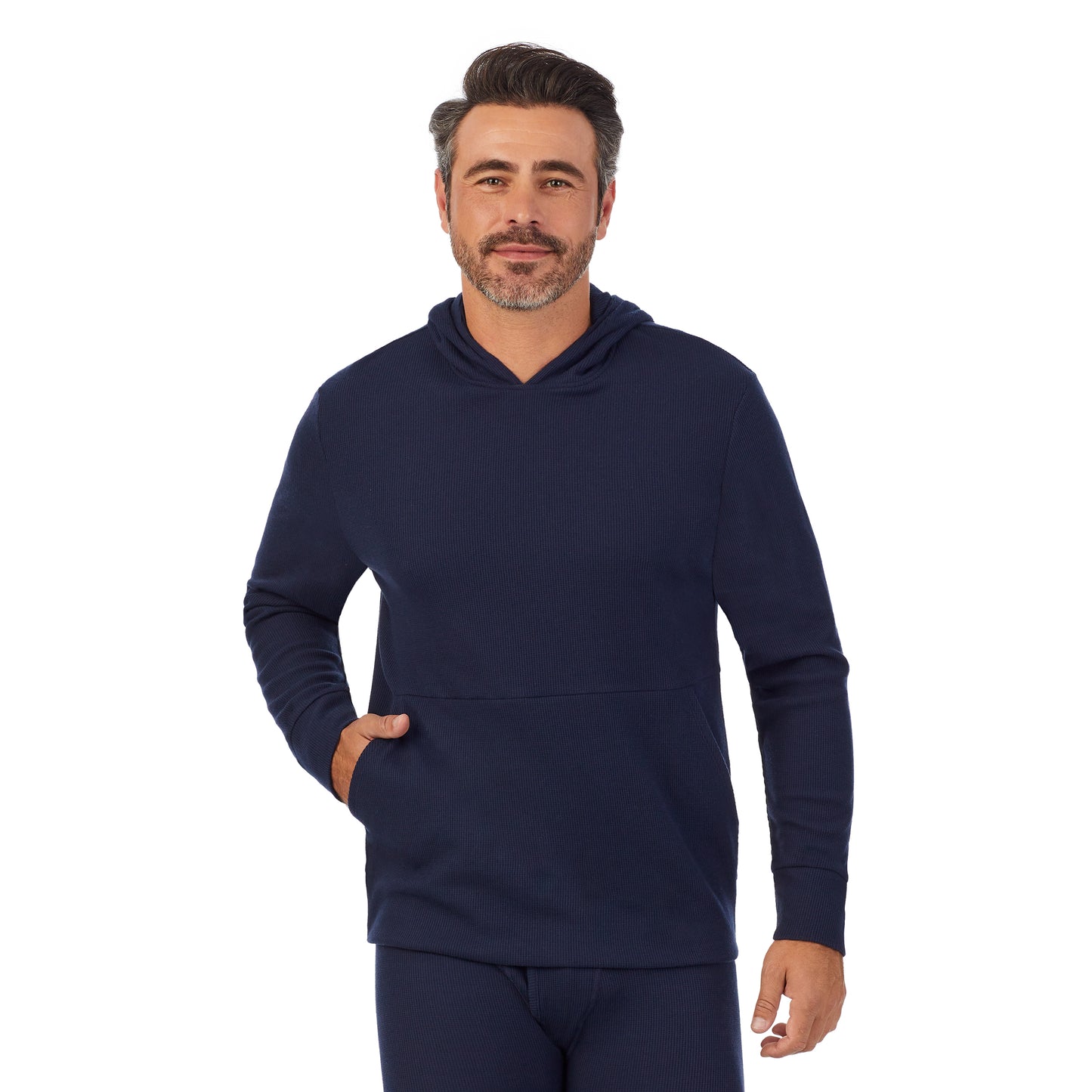 Navy Blazer;Model is wearing size M. He is 6'2", Waist 32", Inseam 34".@A man wearing navy blazer Waffle Thermal Pull-Over Hoodie