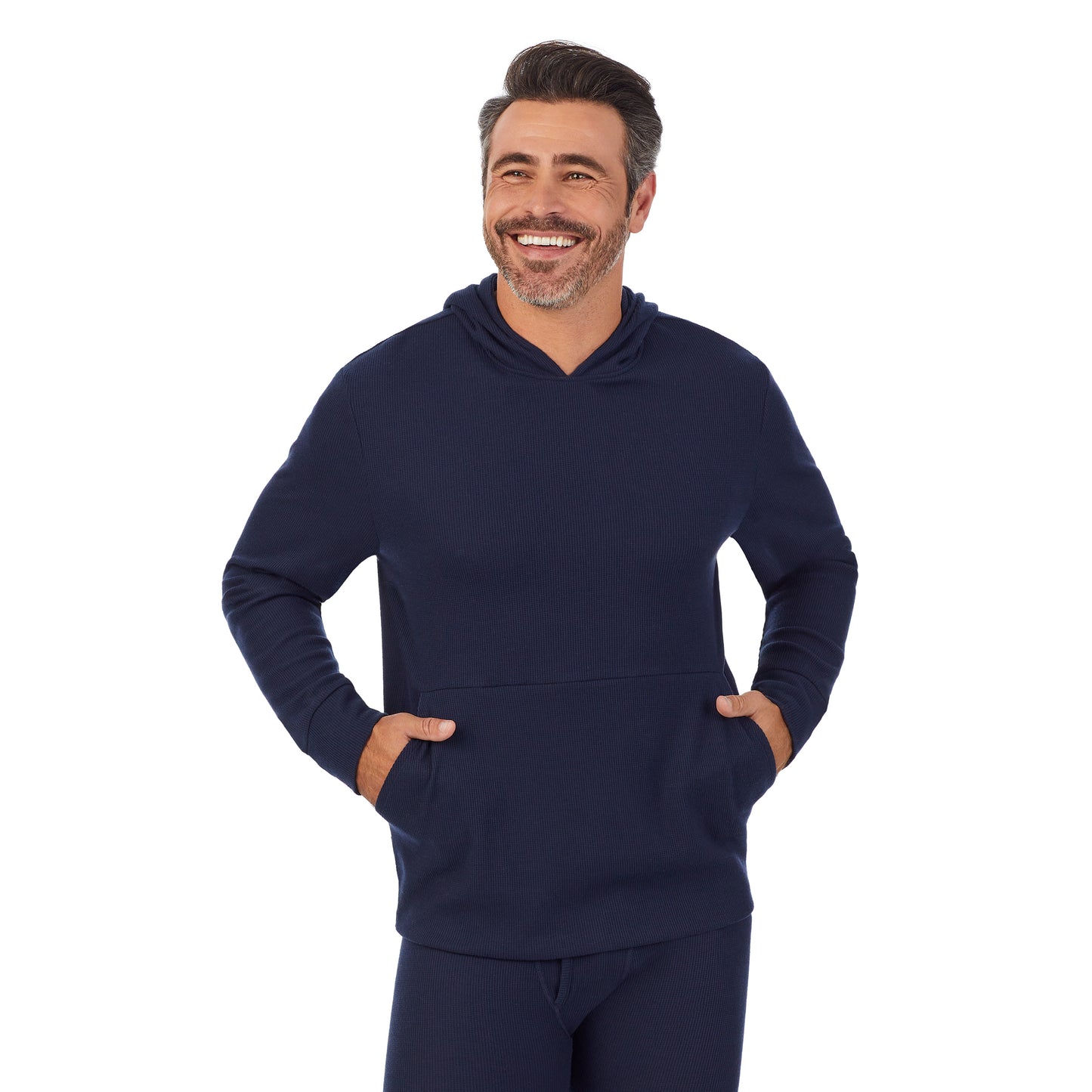 Navy Blazer;Model is wearing size M. He is 6'2", Waist 32", Inseam 34".@A man wearing navy blazer Waffle Thermal Pull-Over Hoodie