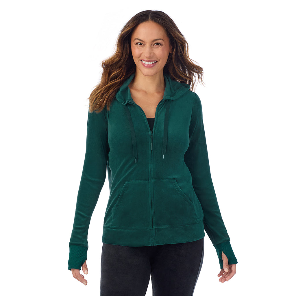 Dark Pine; Model is wearing size S. She is 5'8", Bust 34", Waist 24.5", Hips 35".
@A lady wearing Stretch Velour Full Zip Hoodie