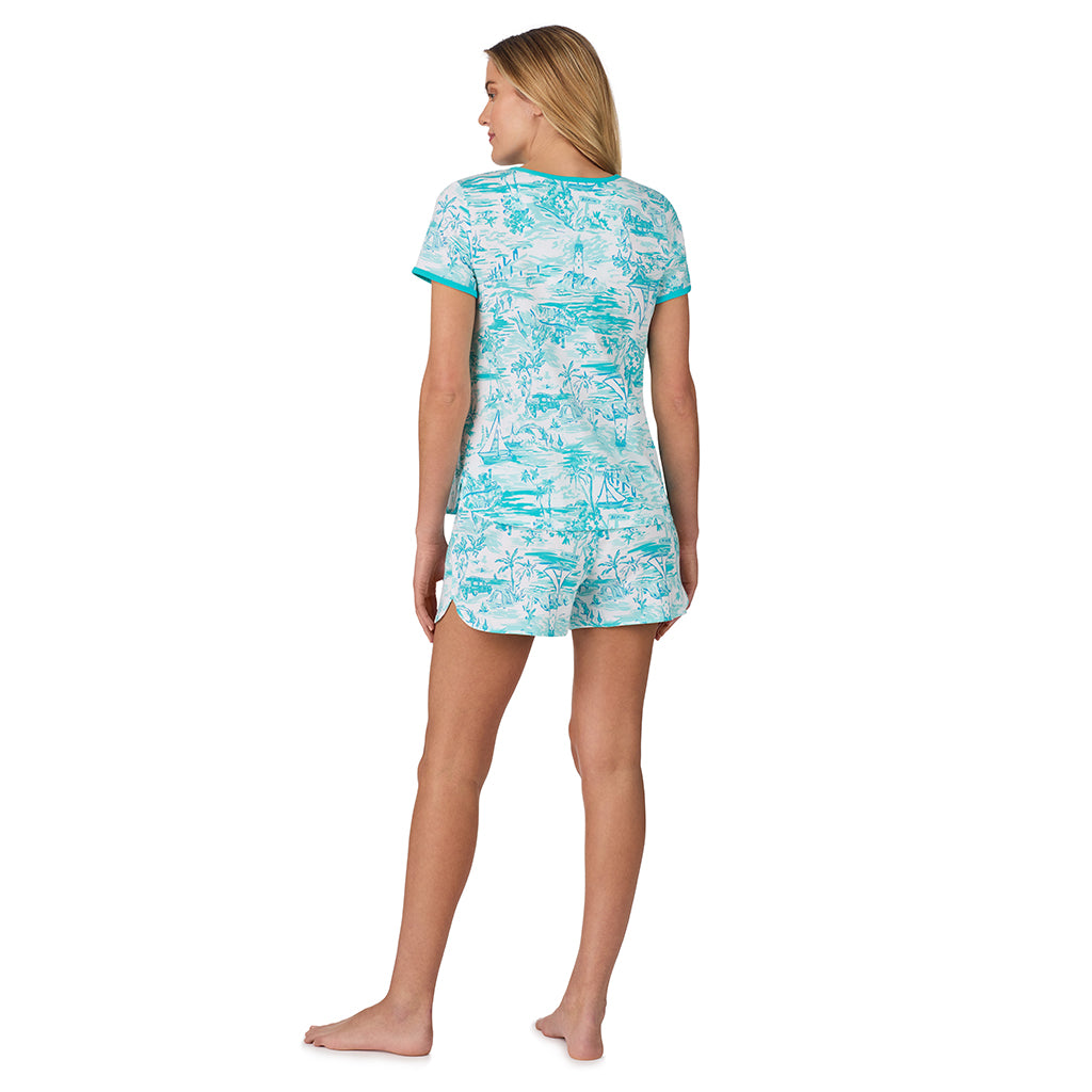 Summer Scene;Model is wearing size S. She is 5’10”, Bust 34”, Waist 26", Hips 38”.@ A lady wearing sleeve top with short pajama set with Summer Scene print