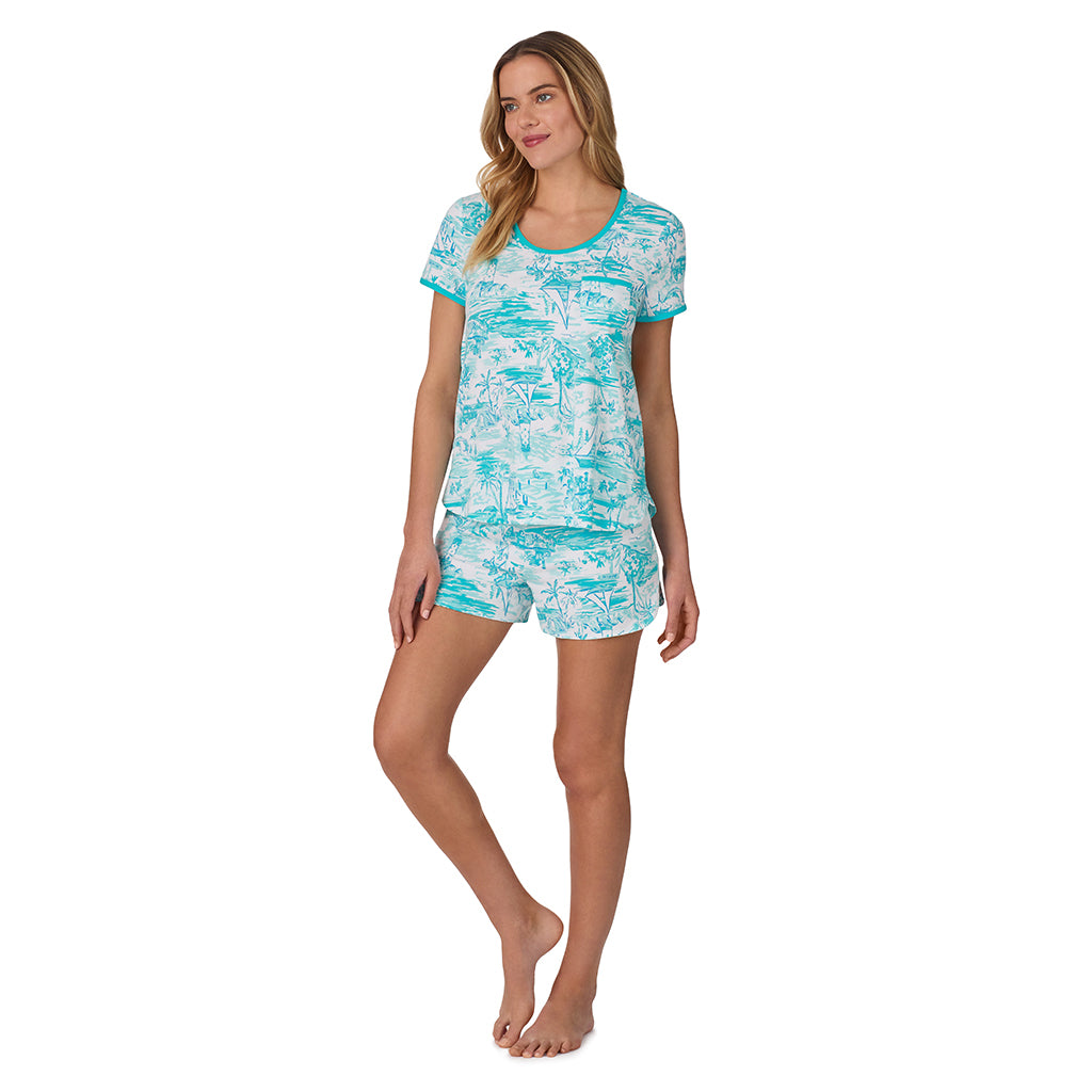 Summer Scene;Model is wearing size S. She is 5’10”, Bust 34”, Waist 26", Hips 38”.@ A lady wearing sleeve top with short pajama set with Summer Scene print